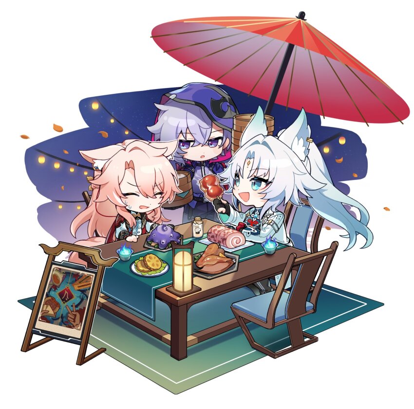1girl 2boys animal_ear_fluff animal_ear_piercing animal_ears aqua_eyes autumn autumn_leaves bad_food black_gloves bucket chair chibi chibi_only chinese_clothes closed_eyes coat collared_coat commentary_request cropped_jacket falling_leaves feixiao_(honkai:_star_rail) food forehead_jewel friends gloves grey_hair hair_between_eyes hair_flowing_over hand_up hanging_lantern high_ponytail highres holding holding_bucket holding_food honkai:_star_rail honkai_(series) hood hood_up jacket jewelry jiaoqiu_(honkai:_star_rail) koru3 lantern leaf long_hair long_sleeves looking_to_the_side moze_(honkai:_star_rail) multicolored_background multiple_boys necklace nervous nervous_sweating night night_sky oil-paper_umbrella on_chair open_clothes open_coat open_jacket open_mouth outdoors pants parted_bangs partially_fingerless_gloves pink_hair ponytail purple_eyes purple_hood purple_jacket purple_tank_top rug short_hair sign sitting skewer sky standing star_(sky) sweat table tank_top umbrella wavy_hair white_background white_coat white_hair wind wooden_bucket