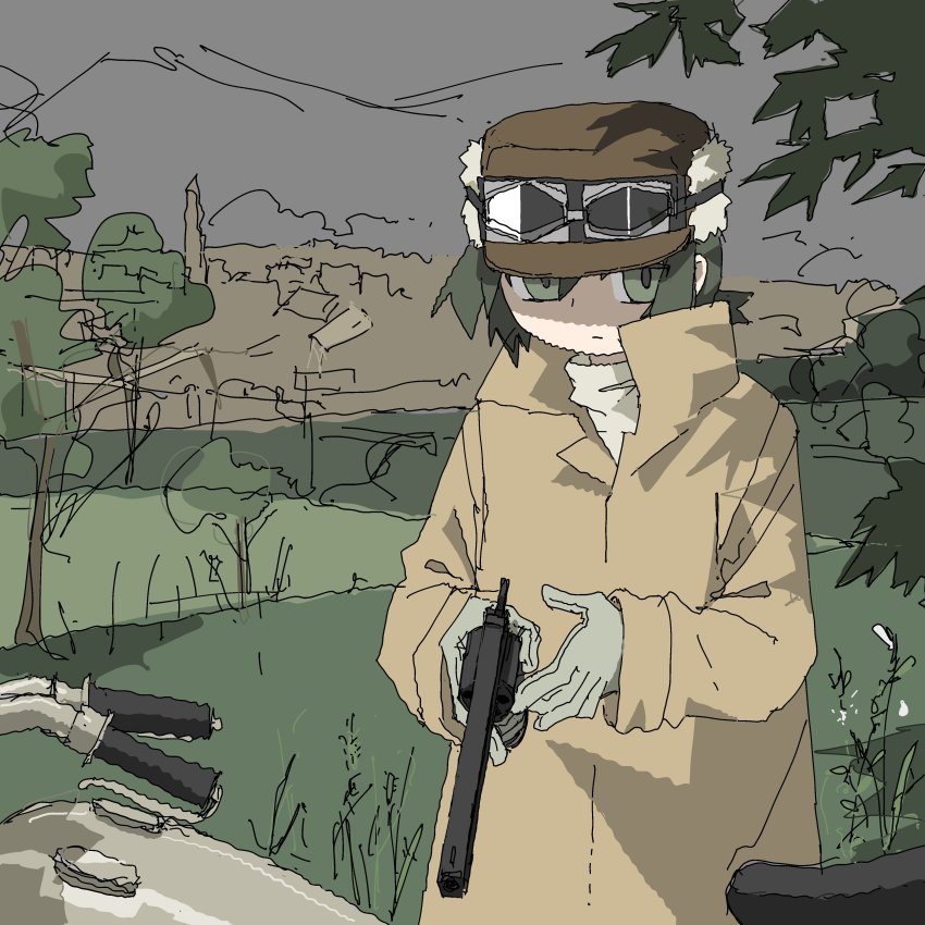 absurdres androgynous brown_headwear coat colt_1851_navy expressionless fur_hat gloves goggles goggles_on_headwear grass green_eyes green_hair grey_sky gun handgun hat hermes_(kino_no_tabi) highres holding holding_gun holding_weapon kino_(kino_no_tabi) kino_no_tabi leather leather_gloves outdoors revolver short_hair sidelocks sky tomboy tree trench_coat tsukumizu_yuu ushanka weapon