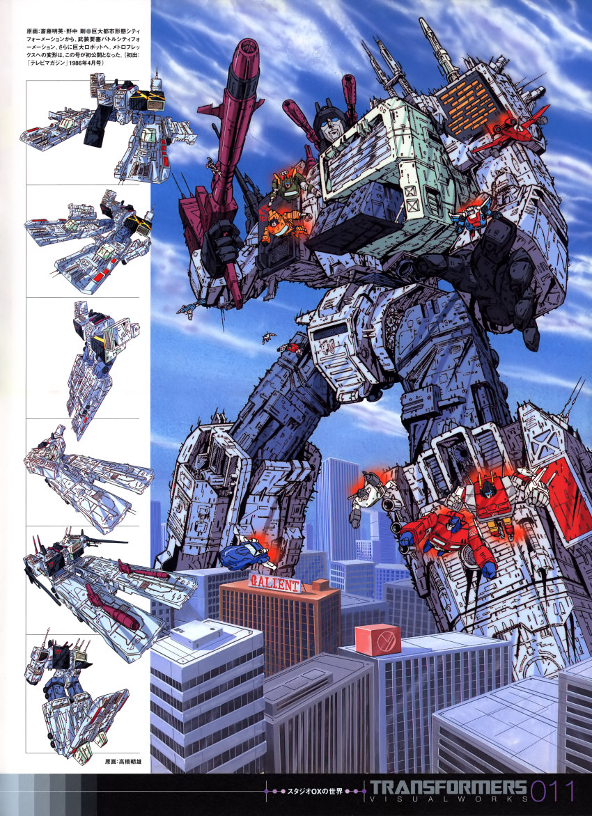 1980s_(style) a-10 absurdres aircraft airplane arm_cannon autobot blue_eyes bluestreak_(transformers) canopy_(aircraft) character_request chevrolet_corvette chevrolet_corvette_c3 city fighter_jet grapple_(transformers) gun highres hoist_(transformers) insignia mecha metroplex military_vehicle nonaka_tsuyoshi oldschool optimus_prime powerglide_(transformers) retro_artstyle robot smokescreen_(transformers) superion tracks_(transformers) transformation transformers transformers:_generation_1 weapon wheeljack windshield