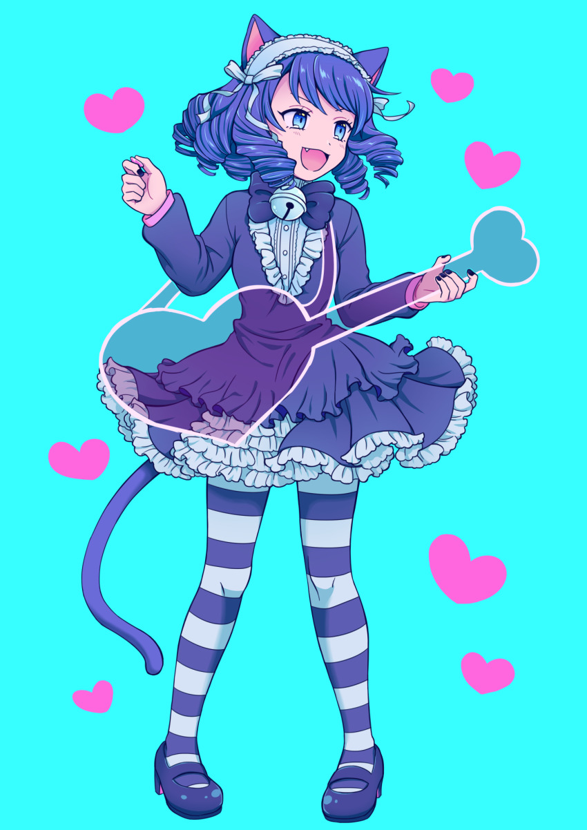 1girl :d animal_ears black_nails blue_background blue_bow blue_bowtie blue_dress blue_hair blue_shoes bow bowtie cat_ears cat_girl cat_tail chiyo_nori cyan_(show_by_rock!!) dress drill_hair fang frilled_dress frilled_hairband frills full_body guitar hairband heart highres holding holding_guitar holding_instrument holding_plectrum instrument legs_apart looking_to_the_side mary_janes nail_polish open_mouth pantyhose plectrum shoes short_hair show_by_rock!! simple_background smile solo standing striped_clothes striped_pantyhose tail two-tone_pantyhose white_hairband