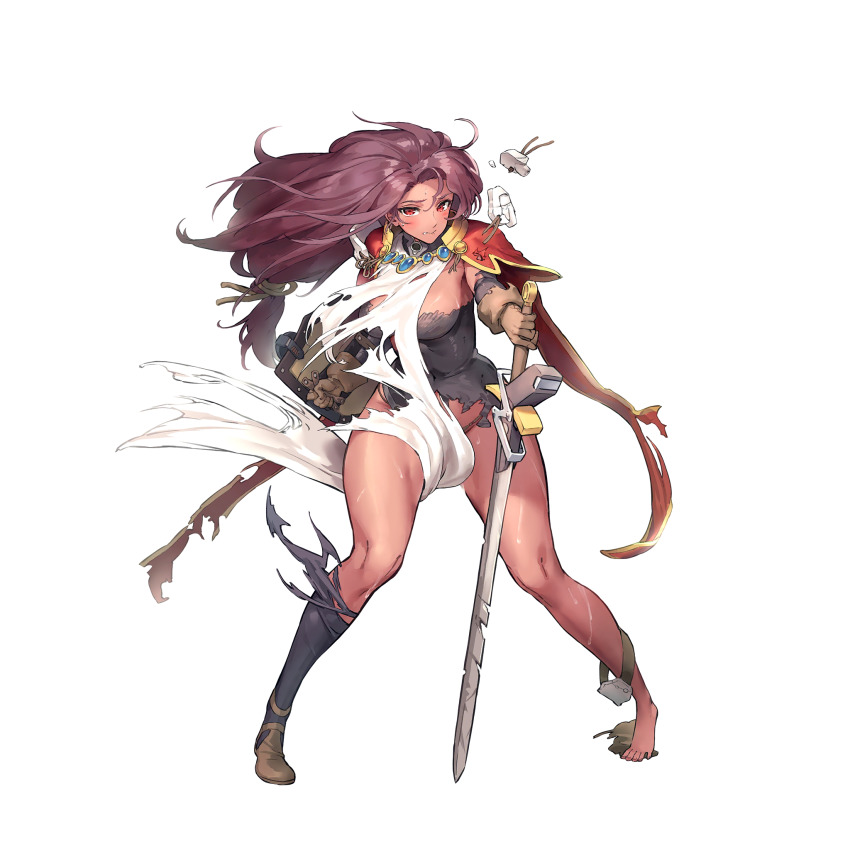 1girl black_thighhighs broken broken_sword broken_weapon covered_navel dark-skinned_female dark_skin debris defeat full_body game_cg gloves highres injury kakiman knight last_origin long_hair looking_at_viewer low-tied_long_hair navel official_art open_mouth pelvic_curtain prester_johanna red_eyes red_hair sandals shield solo sweat sword tabard tachi-e thighhighs torn_clothes torn_footwear torn_thighhighs transparent_background weapon