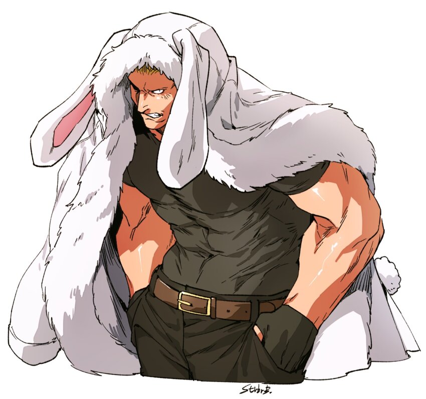 1boy abs animal_ears belt belt_buckle black_gloves black_pants black_shirt brown_belt buckle clenched_teeth commentary cropped_legs fake_animal_ears fingerless_gloves fur-trimmed_robe fur_trim gloves hands_in_pockets highres looking_at_viewer male_focus muscular muscular_male pants pectorals rabbit_ears robe shirt short_sleeves simple_background skin_tight solo strbrb789 symbol-only_commentary teeth the_king_of_fighters twitter_username veins veiny_arms white_background white_robe yamazaki_ryuuji