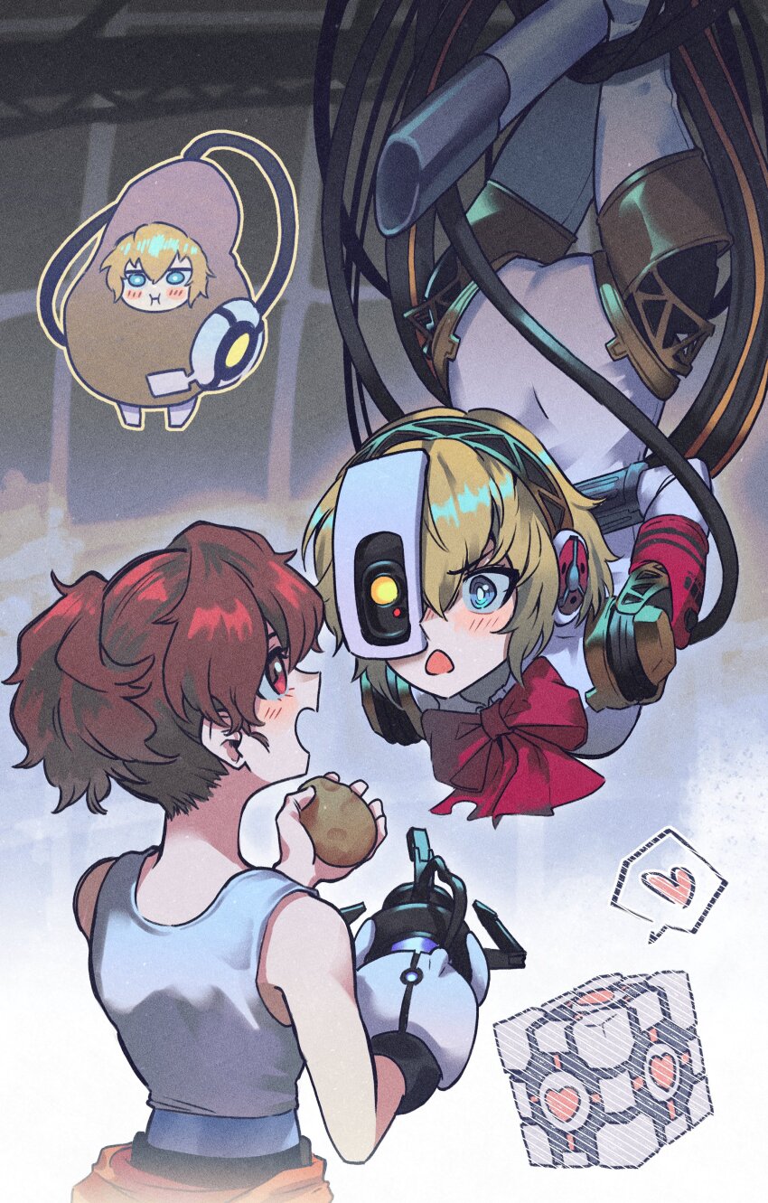 2girls :i absurdres aigis_(persona) andrich_galam android aperture_science_handheld_portal_device aperture_science_weighted_companion_cube arms_behind_back blonde_hair blue_eyes blush bow bowtie brown_hair chell chell_(cosplay) chestnut_mouth commentary cosplay deformed english_commentary food from_behind glados glados_(cosplay) hands_up hanging headphones heart highres holding holding_food indoors joints jumpsuit jumpsuit_around_waist looking_at_another medium_hair multiple_girls multiple_views open_mouth orange_jumpsuit persona persona_3 persona_3_portable ponytail portal portal_(series) portal_2 potato pout red_bow red_bowtie red_eyes red_hair robot_joints shiomi_kotone shirt short_hair sleeveless sleeveless_shirt spoken_heart standing triangle_mouth upside-down white_shirt
