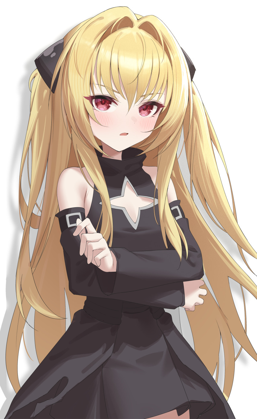 1girl above_cleavage_cutout absurdres black_dress black_sleeves blonde_hair blush breasts clothing_cutout commentary cowboy_shot detached_sleeves dress hair_between_eyes hair_intakes highres jei_(user_tckk7448) konjiki_no_yami long_hair long_sleeves looking_at_viewer parted_lips red_eyes simple_background sleeveless sleeveless_dress small_breasts solo star_cutout to_love-ru very_long_hair white_background