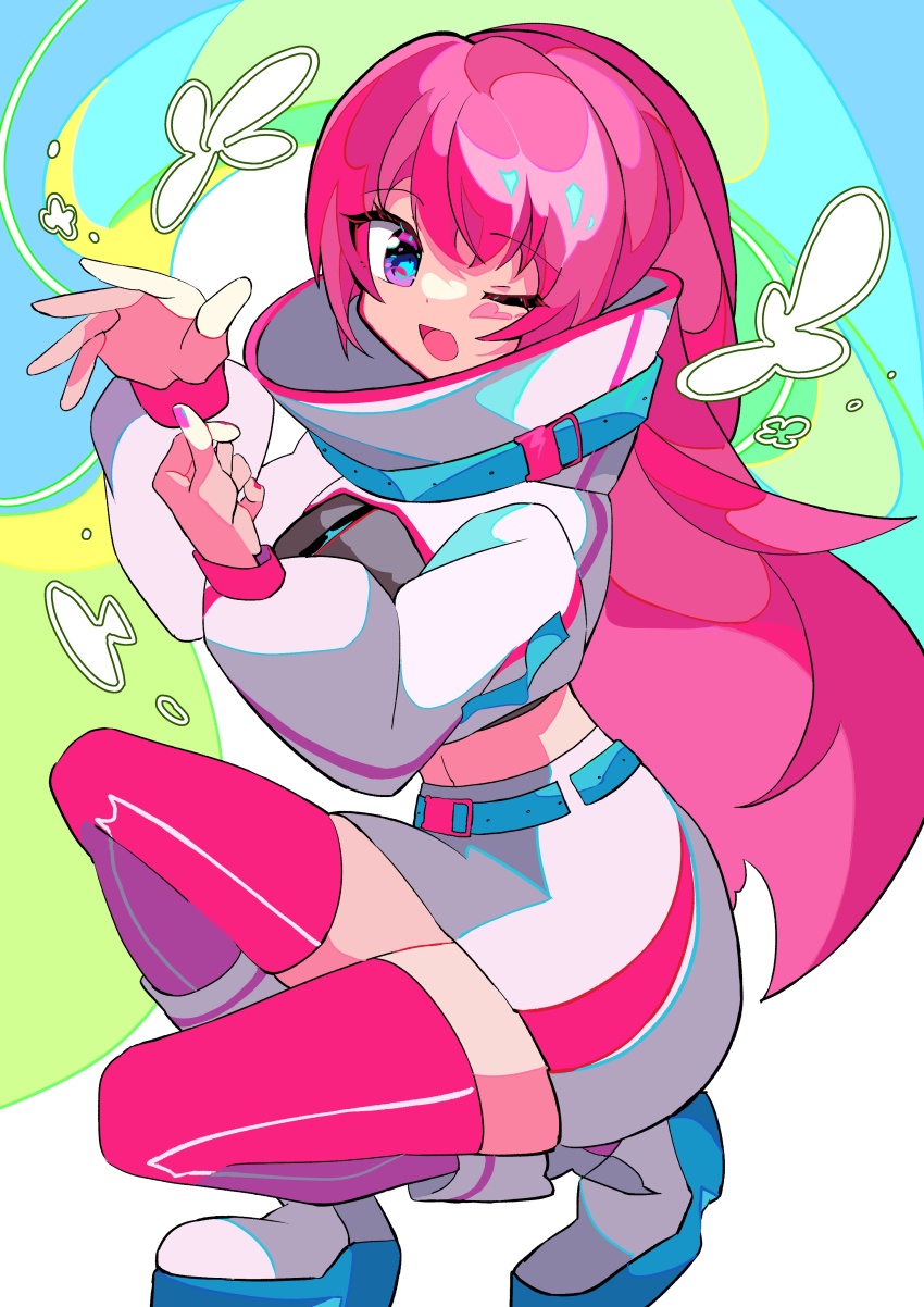 1girl absurdres aqua_belt belt_buckle blue_eyes boots breasts buckle commentary_request crop_top from_side full_body hand_gesture hands_up high_collar highres jacket kasaki_sakura large_breasts light_blush long_hair looking_at_viewer looking_to_the_side magical_mirai_(vocaloid) magical_mirai_luka magical_mirai_luka_(2023) megurine_luka midriff one_eye_closed open_mouth pink_hair pink_nails pink_thighhighs skirt smile solo squatting thighhighs vocaloid white_boots white_jacket white_skirt zettai_ryouiki