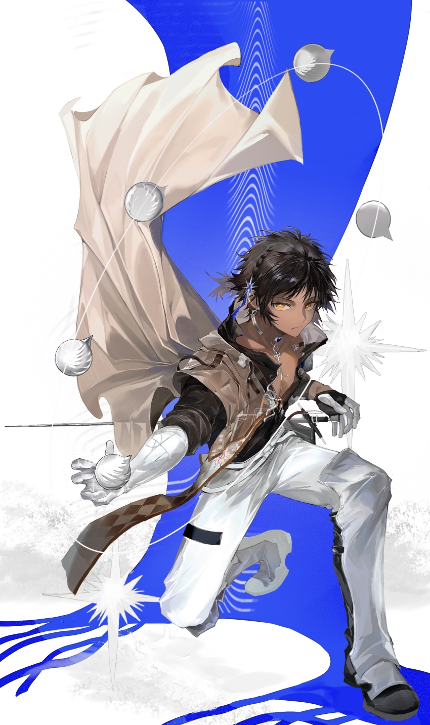 1boy absurdres arknights black_hair black_shirt bright_pupils chinese_commentary closed_mouth commentary_request dark-skinned_male dark_skin full_body highres looking_at_viewer magic male_focus orange_eyes pants shirt short_hair solo tabayashi thorns_(arknights) thorns_the_lodestar_(arknights) white_pants white_pupils