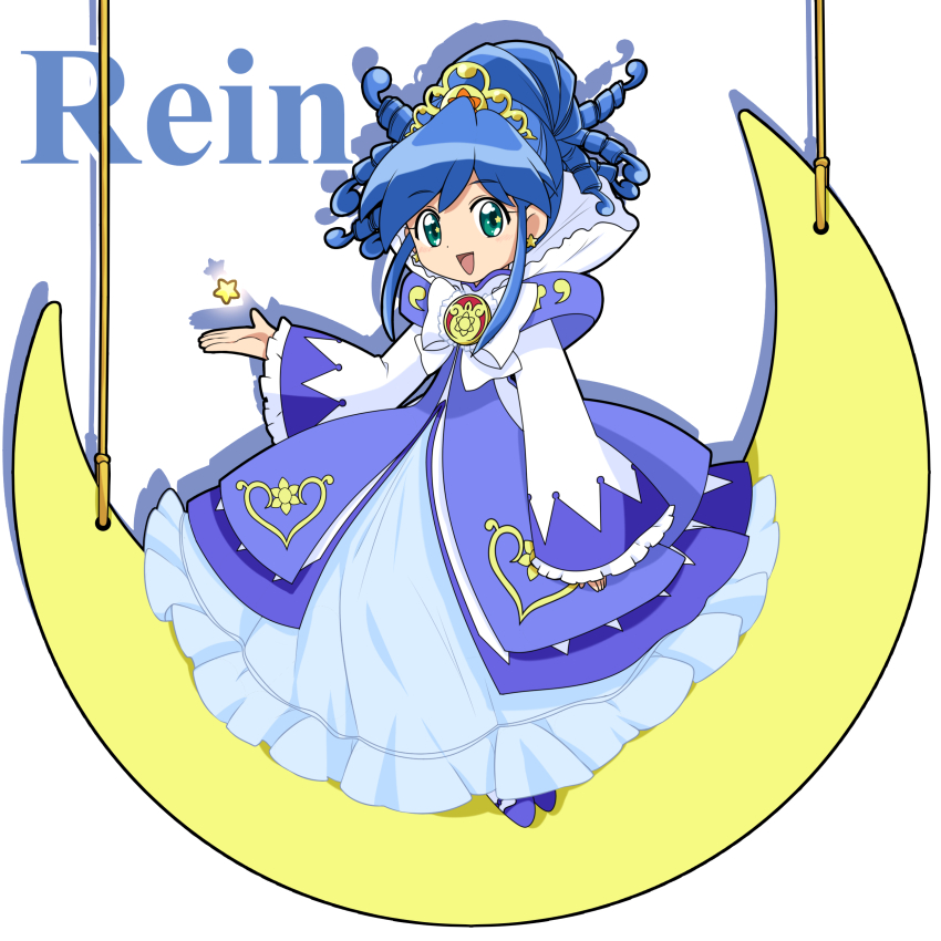 1girl :d absurdres aqua_eyes blue_dress blue_hair blue_shoes bow chaimaou character_name chest_bow commentary crescent crest dot_nose dress dress_bow earrings english_text frilled_dress frilled_sleeves frills full_body fushigiboshi_no_futago_hime gold_tiara gown heart heart_print high_collar highres jewelry light_blush long_hair long_sleeves looking_at_viewer magical_girl mary_janes medallion on_crescent open_mouth overskirt pantyhose rein_(futagohime) rein_(prominence_dress_up)_(futagohime) ringlets rope shoes simple_background sitting sleeves_past_wrists smile solo star_(symbol) star_earrings star_in_eye sun_print supportasse symbol_in_eye tiara two-tone_dress white_background white_bow white_dress white_pantyhose wide_sleeves