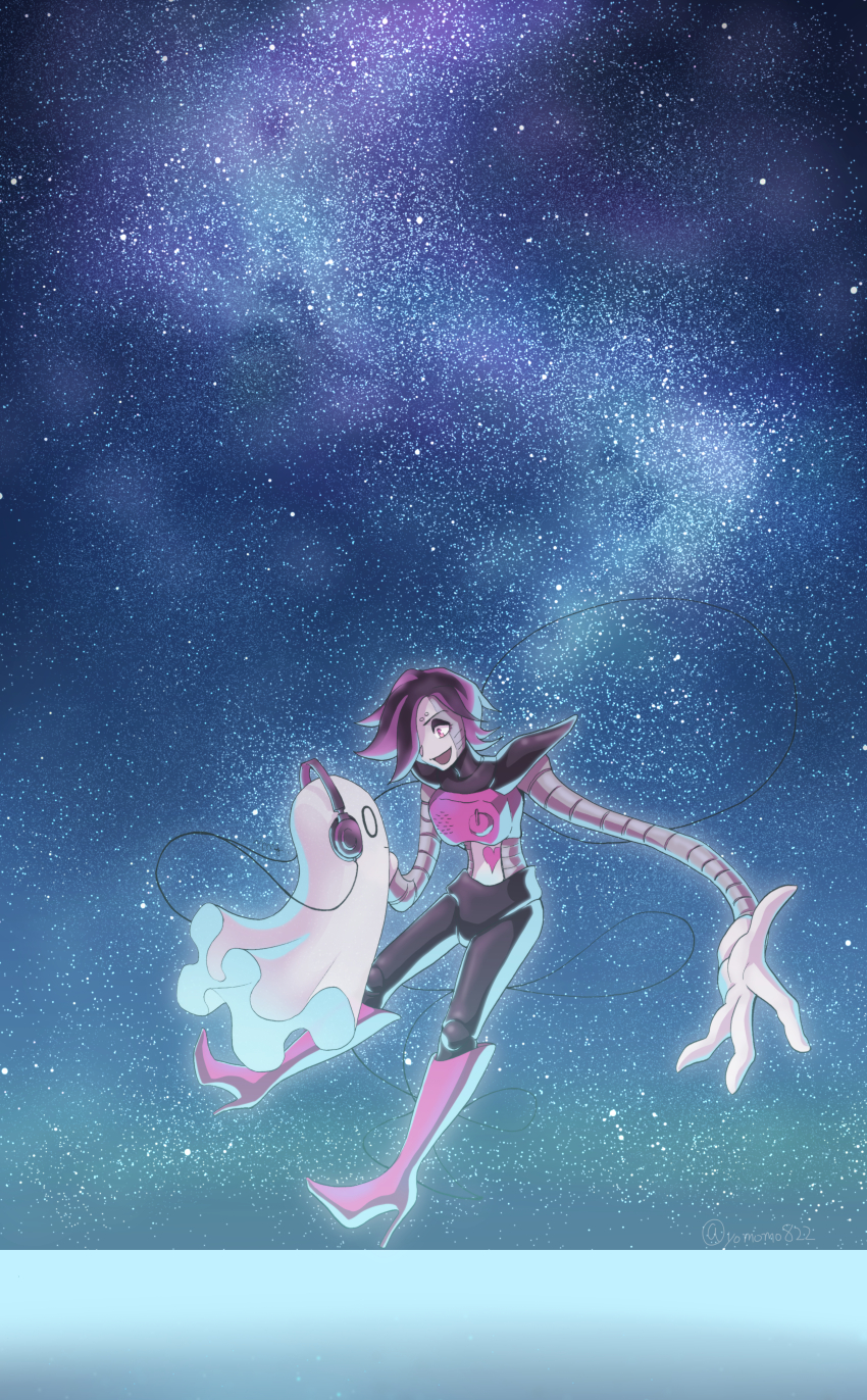 1boy 1other absurdres androgynous black_eyeshadow black_hair black_pants blue_sky boots cable colored_skin commentary_request doll_joints eyeshadow floating ghost gloves grey_skin hair_over_one_eye headphones heart high_heel_boots high_heels highres joints long_arms looking_at_another makeup metal_skin mettaton napstablook night night_sky open_mouth pants pink_boots pink_eyes robot robot_boy short_hair sky star_(sky) starry_sky twitter_username undertale white_gloves yomogimo_chi