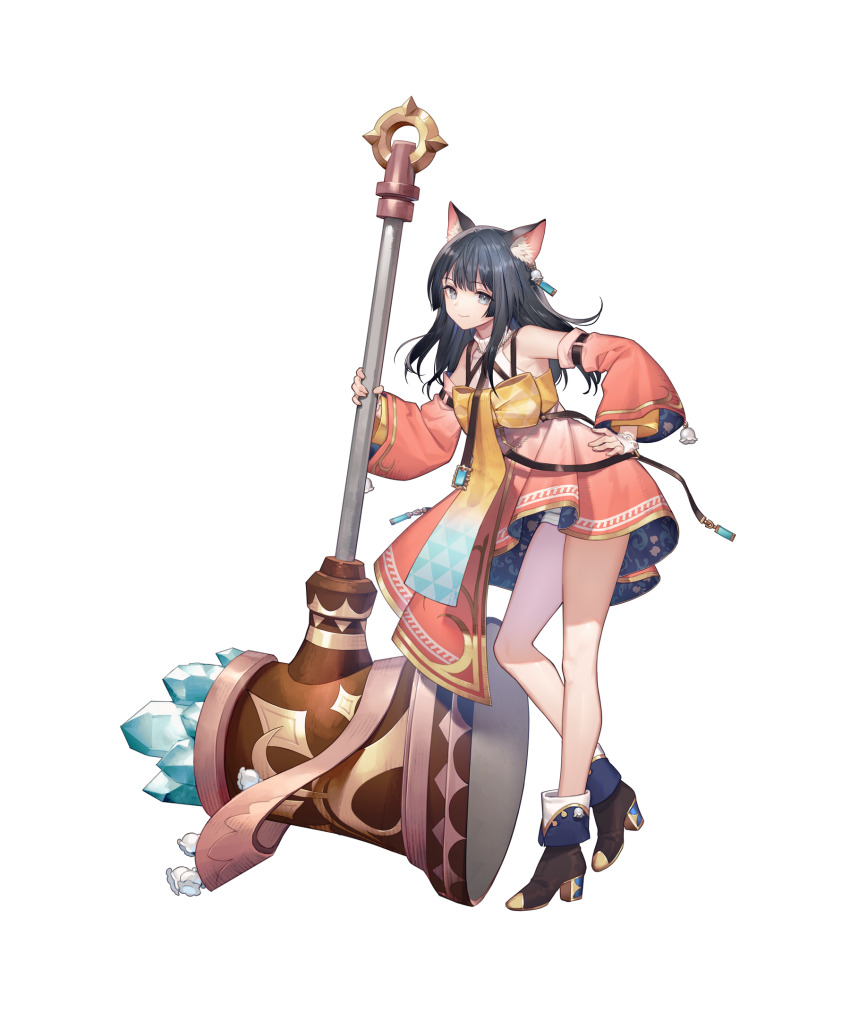 1girl animal_ear_fluff animal_ears atelier_(series) atelier_resleriana black_hair blue_sash cat_ears cat_girl closed_mouth crystal detached_sleeves dress earrings foot_up full_body gradient_clothes gradient_dress gradient_sash hammer hand_on_own_hip highres holding holding_hammer holding_weapon huge_weapon izana_kokoschka jewelry leaning_forward long_hair looking_at_viewer official_art orange_dress orange_sleeves sash sash_bow short_dress shorts shorts_under_dress sidelocks simple_background sleeveless sleeveless_dress smile solo standing transparent_background umiu_geso weapon white_dress white_shorts wide_sleeves yellow_sash