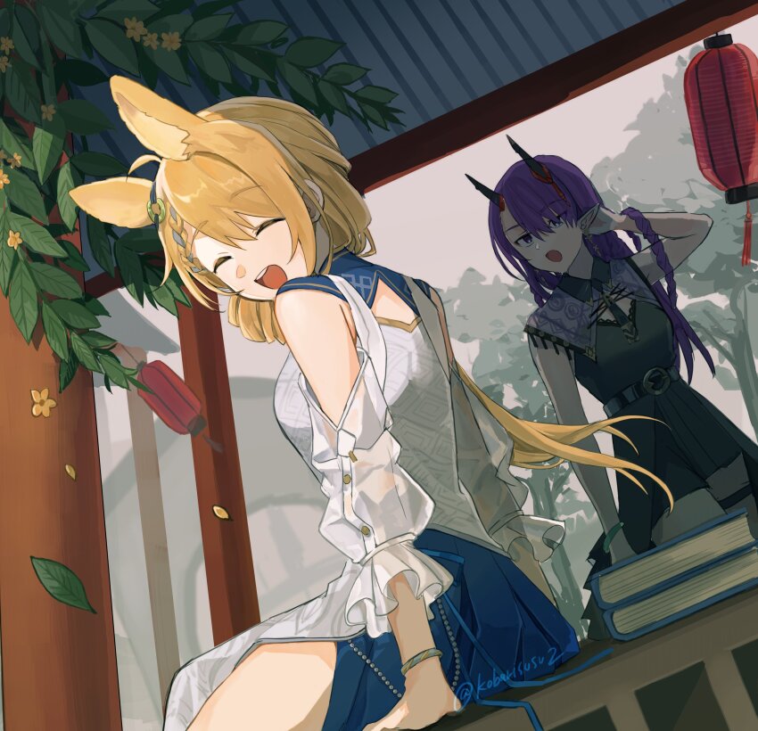 2girls absurdres animal_ears arknights arm_support back_cutout bare_shoulders black_dress blonde_hair blue_skirt book book_stack bracelet braid chinese_clothes cleavage_cutout closed_eyes clothing_cutout coin_hair_ornament commentary_request demon_girl demon_horns dress hair_ornament highres horns jewelry kobarisusuz kroos_(arknights) kroos_the_keen_glint_(along_the_corridor)_(arknights) kroos_the_keen_glint_(arknights) lantern lava_(arknights) lava_the_purgatory_(arknights) lava_the_purgatory_(dusk_wisteria)_(arknights) long_hair multiple_girls on_table open_mouth outdoors pillar plant pointy_ears purple_hair rabbit_ears rabbit_girl see-through_clothes see-through_sleeves side_slit skirt smile table teeth tongue tree twitter_username upper_teeth_only white_dress