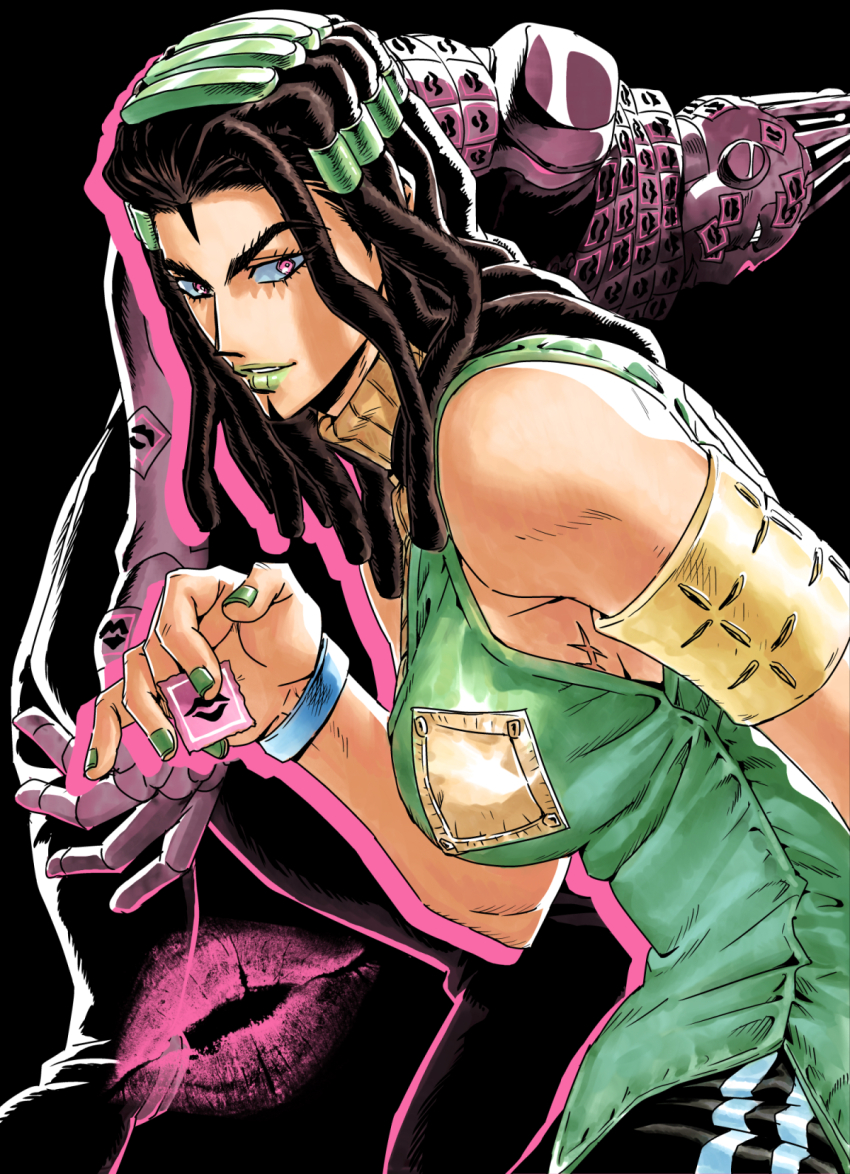 1girl armband black_hair breasts commentary_request dreadlocks ermes_costello forehead_tattoo green_hair green_lips green_nails green_vest highres holding jeonjin_(mynamebazin) jojo_no_kimyou_na_bouken kiss_(stand) korean_commentary large_breasts multicolored_hair pink_eyes scar scar_on_breasts sleeveless sleeveless_turtleneck stand_(jojo) stone_ocean turtleneck two-tone_hair vest wristband