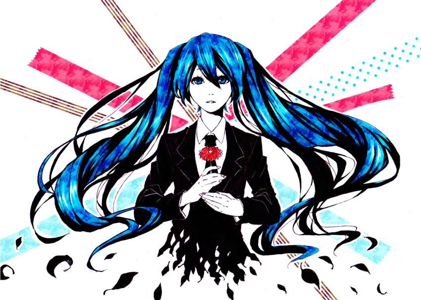 1girl agatsumaattsu blue_hair dissolving female_focus flower formal_clothes hatsune_miku hatsune_miku_(saihate) holding long_hair looking_at_viewer necktie parted_lips polka_dot polka_dot_background saihate_(vocaloid) simple_background solo striped_background very_long_hair vocaloid