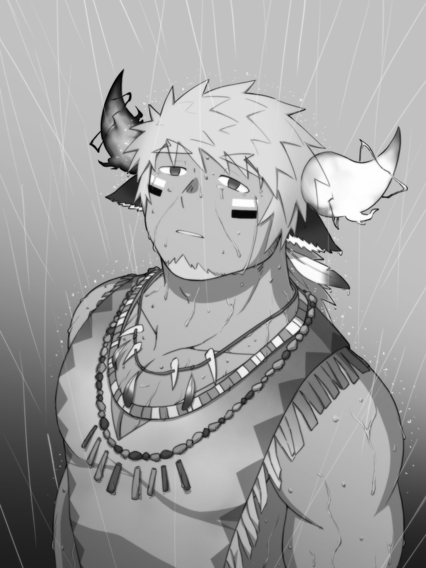 1boy absurdres animal_ears asymmetrical_horns bara bare_shoulders chest_hair cow_boy cow_ears cow_horns eye_black facial_hair fiery_horns forked_eyebrows gin_no_hikari goatee greyscale highres horns jewelry large_pectorals long_sideburns looking_at_viewer male_focus mismatched_horns monochrome muscular muscular_male native_american necklace pectoral_cleavage pectorals rain sad short_hair sideburns sleeveless solo thick_eyebrows tokyo_houkago_summoners tooth_necklace wakan_tanka wakan_tanka_mugen