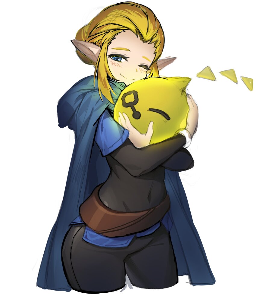 1girl ;) black_bodysuit black_pants blonde_hair blue_cloak blush bodysuit cloak commentary_request covered_navel cropped_legs hair_bun highres holding hood hood_down hooded_cloak korean_commentary looking_at_viewer nintendo one_eye_closed pants pointy_ears princess_zelda simple_background single_hair_bun smile the_legend_of_zelda the_legend_of_zelda:_echoes_of_wisdom tri_(zelda) white_background y_frt