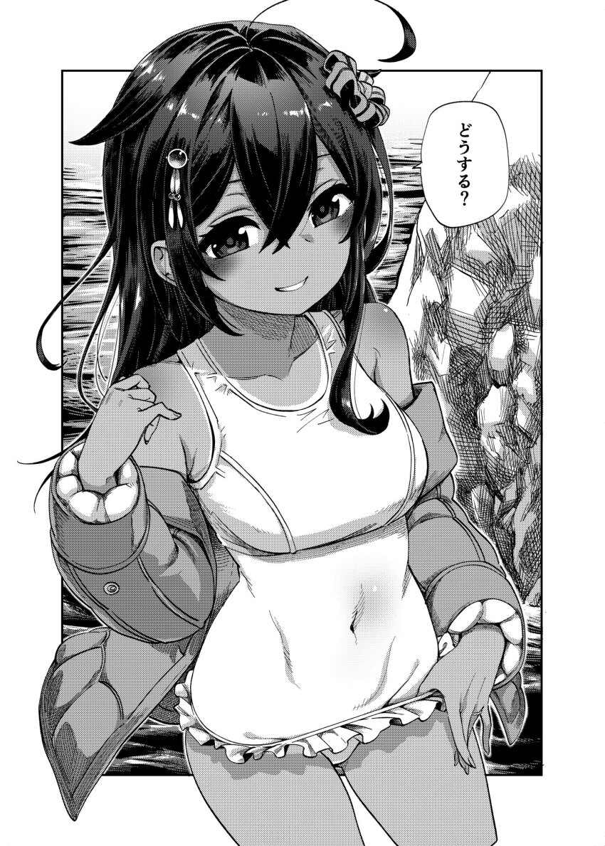 1girl ahoge bikini breasts cosplay flower frilled_bikini frills gouta_(nagishiro6624) greyscale hair_flower hair_ornament highres jacket kantai_collection medium_breasts monochrome one-piece_tan parted_lips ro-500_(kancolle) ro-500_(kancolle)_(cosplay) ro-500_(swimsuit)_(kancolle) rock shigure_(kancolle) shigure_kai_san_(kancolle) smile swimsuit tan tanline translation_request