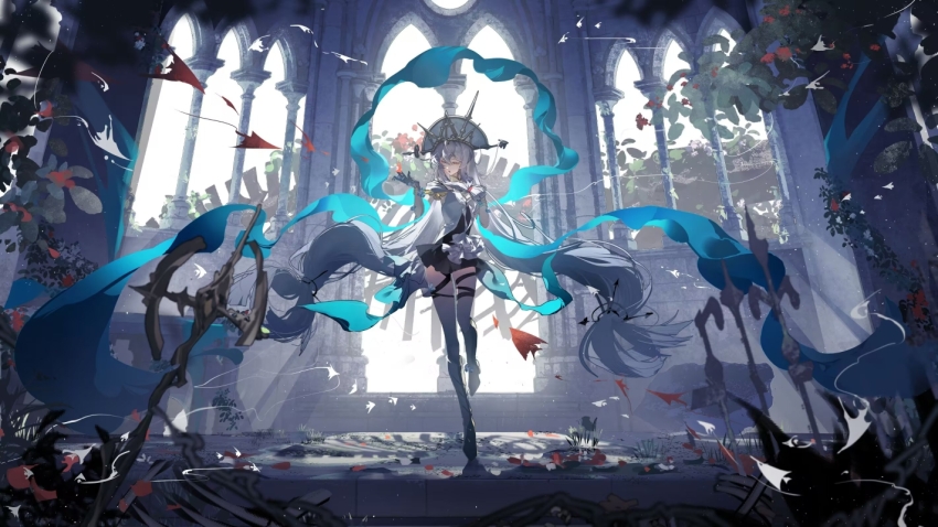 1girl aliciaerys angelfish animal_skeleton aqua_gloves aqua_ribbon arch arknights backlighting bare_shoulders black_dress breasts closed_eyes dalachi_(headdress) day dress fish fishnets floating floating_hair front_ponytail full_body gloves grey_hat hair_between_eyes hand_on_own_chest hat headdress layered_dress leg_ribbon light_rays long_hair low-tied_long_hair off-shoulder_dress off_shoulder official_alternate_costume open_mouth pillar plant red_eyes ribbon ribs ruins scenery shadow skadi_(arknights) skadi_the_corrupting_heart_(arknights) skadi_the_corrupting_heart_(sublimation)_(arknights) solo staff stone_pillar sunbeam sunlight tropical_fish two-tone_dress very_long_hair white_dress white_hair wrist_guards