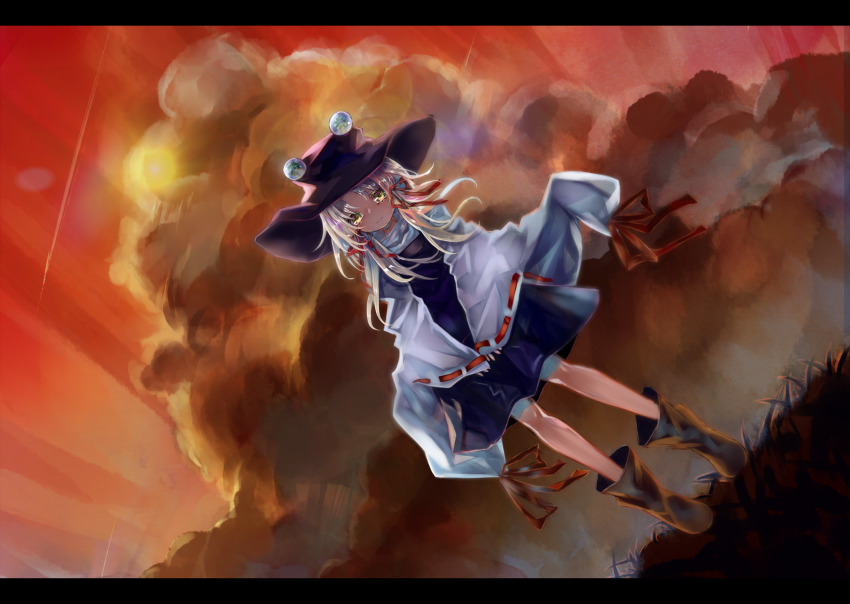 1girl blonde_hair boots brown_boots brown_hat cloud commentary_request contrail dutch_angle female_focus hair_blowing hair_over_eyes hair_ribbon hat high_collar highres letterboxed light_rays light_smile long_sleeves looking_at_viewer medium_hair moriya_suwako outdoors parted_bangs purple_skirt purple_vest red_sky ribbon ribbon-trimmed_sleeves ribbon_trim shirt sidelocks skirt skirt_hold sky solo standing sunbeam sunlight sunset syukou touhou vest white_shirt wide_sleeves wind yellow_eyes