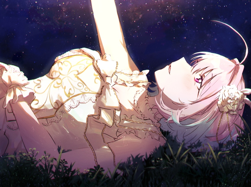 1girl absurdres ahoge arm_up bare_shoulders blurry blurry_foreground blush breasts cleavage dress fang flower frilled_dress frills from_side grass hair_between_eyes hair_flower hair_ornament hamachamu highres idolmaster idolmaster_cinderella_girls jewelry large_breasts looking_up multicolored_hair necklace night night_sky on_grass outdoors outstretched_arm pearl_necklace pink_eyes pink_hair profile sky sleeveless sleeveless_dress star_(sky) starry_sky two-tone_hair upper_body white_flower yumemi_riamu