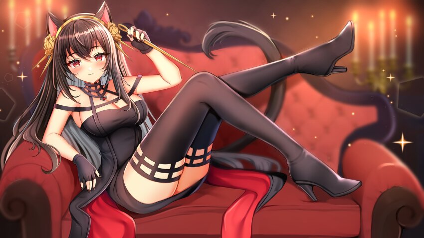 1girl absurdres animal_ears arm_up bare_arms bare_shoulders black_boots black_dress black_gloves black_hair black_nails black_thighhighs blurry boots breasts candlestand cat_ears cat_girl cat_tail chaise_longue cleavage closed_mouth cosplay couch dagger depth_of_field dress fingerless_gloves glint gloves gold_hairband hairband high_heel_boots high_heels highres holding holding_dagger holding_knife holding_weapon indie_virtual_youtuber jirafuru knife lanfear large_breasts legs legs_up long_hair looking_at_viewer nail_polish on_couch red_eyes reverse_grip second-party_source short_dress sitting_sideways skindentation sleeveless sleeveless_dress smile solo spy_x_family tail tail_raised thigh_boots thighhighs thighs very_long_hair virtual_youtuber vrchat waist_cape weapon yor_briar yor_briar_(cosplay) zettai_ryouiki