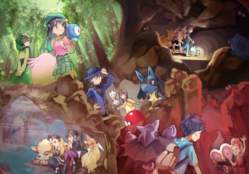 3boys 4girls :d arcanine arm_up backpack bag belt black_belt black_dress black_footwear black_hair black_legwear black_shirt blue_headwear blue_jacket boots braid bronzor brown_bag buck_(pokemon) cave_interior chansey cheryl_(pokemon) claydol closed_eyes collared_shirt commentary_request dawn_(pokemon) day dress forest gen_1_pokemon gen_2_pokemon gen_3_pokemon gen_4_pokemon gliscor golbat green_hair green_headwear green_jacket green_skirt hair_between_eyes hair_ornament hair_over_shoulder hairclip hat holding_strap huan_li jacket kadabra long_hair long_sleeves lucario lucas_(pokemon) magcargo marley_(pokemon) mira_(pokemon) multiple_boys multiple_girls nature nintendo open_mouth outdoors pachirisu pantyhose pink_hair pink_sweater piplup plaid_clothes plaid_skirt poke_ball poke_ball_(basic) pokemon pokemon_(creature) pokemon_bdsp ponytail red_hair riley_(pokemon) rotom rotom_(normal) shirt shoes short_dress short_hair shorts single_braid sitting skirt smile spiked_hair standing sweater togetic tree twintails