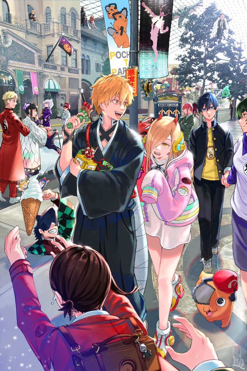 6+boys 6+girls :d absurdres angel_devil_(chainsaw_man) angel_wings anya_(spy_x_family) artist_name axe bat_devil_(chainsaw_man) beam_(chainsaw_man) black_hair black_hakama black_jacket black_kimono black_necktie black_pants black_ribbon black_shirt bleach bleach:_sennen_kessen-hen blonde_hair blue_eyes bond_(spy_x_family) braid brown_bag brown_hair bucky_(chainsaw_man) butterfly_hair_ornament car chainsaw_man character_name charm_(object) chicken_(food) city coat collared_shirt cosplay creature demon_horns demon_slayer_uniform denji_(chainsaw_man) dress dropping ear_piercing earrings ekubo_(mob_psycho_100) eyepatch fiona_frost flag food franky_franklin fried_chicken fujisaki_yuusuke fujisaki_yuusuke_(cosplay) future_devil_(chainsaw_man) glasses goggles goggles_on_headwear green_hair green_jacket green_pants grey_shorts gun hair_between_eyes hair_ornament hair_over_one_eye hakama halloween halo hanae_natsuki hand_on_own_chin hat hayakawa_aki headphones higashiyama_kobeni highres himeno_(chainsaw_man) holding holding_axe holding_gun holding_hands holding_leash holding_sword holding_weapon honda_s2000 hood hood_down horns hunter_x_hunter ice_cream_cone id_card igarashi_futaba igarashi_futaba_(cosplay) itadori_yuuji itadori_yuuji_(cosplay) jacket japanese_clothes jewelry jujutsu_kaisen kageyama_shigeo kageyama_shigeo_(cosplay) kamado_tanjirou kamado_tanjirou_(cosplay) katana_man_(chainsaw_man) kick_back_(song) killua_zoldyck killua_zoldyck_(cosplay) kimetsu_no_yaiba kimono kishibe_(chainsaw_man) kochou_shinobu kochou_shinobu_(cosplay) kurokawa_izana kurokawa_izana_(cosplay) kurosaki_ichigo kurosaki_ichigo_(cosplay) kusunoki_tomori leash long_sleeves looking_at_another lycoris_recoil makima_(chainsaw_man) mario_(series) mario_hat medium_hair mei_mei_(jujutsu_kaisen) mei_mei_(jujutsu_kaisen)_(cosplay) mob_psycho_100 monster motor_vehicle multiple_boys multiple_girls muscle_devil_(chainsaw_man) neck_ribbon necktie nintendo nishikigi_chisato nishikigi_chisato_(cosplay) one_eye_covered one_piece one_piece_film:_red open_clothes open_jacket open_mouth orange_hair orange_shoes pants parted_lips photo_background piercing pink_hair pink_jacket pipimi pochita_(chainsaw_man) poptepipic popuko pov power_(chainsaw_man) purple_dress purple_hair purple_pants purple_scarf purple_shirt purple_shorts real_life rectangular_eyewear red-framed_eyewear red_coat red_footwear red_headwear red_jacket red_pants red_sweater ribbon riding riding_animal road road_sign sawatari_akane_(chainsaw_man) scarf semi-rimless_eyewear senpai_ga_uzai_kouhai_no_hanashi sharp_teeth shirt shoes short_hair shorts sidelocks sign sket_dance sleeves_past_fingers sleeves_past_wrists smile sneakers spy_x_family super_nintendo_world sweater sword teeth tokishima_sikuka tokyo_revengers tomato_devil_(chainsaw_man) tongue tongue_out tree tsuneta_daiki_(person) twilight_(spy_x_family) upper_teeth_only uta_(one_piece) uta_(one_piece)_(cosplay) violence_fiend_(chainsaw_man) voice_actor_connection weapon white_footwear white_kimono white_shirt white_sweater wide_sleeves wings yellow_eyes yellow_shirt yonezu_kenshi_(person) yor_briar zombie_devil_(chainsaw_man)