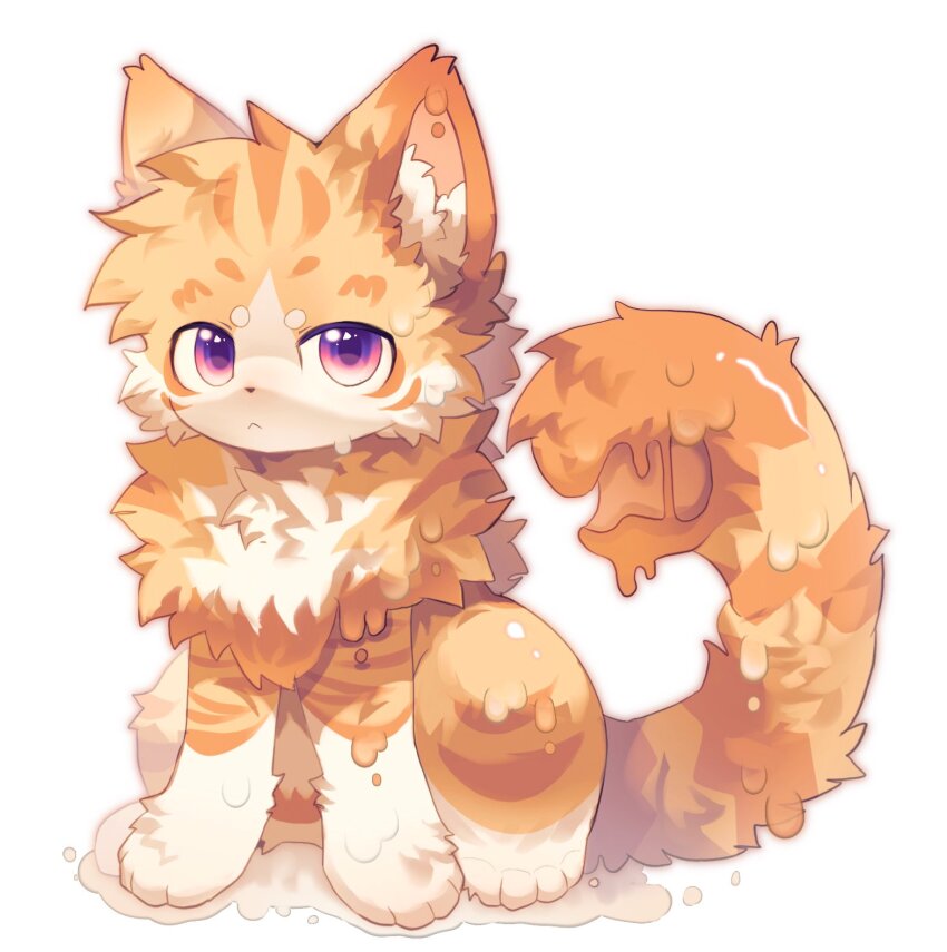 :&lt; animal animal_focus cat closed_mouth ehobiu full_body highres looking_at_viewer multicolored_eyes no_humans orange_fur orange_outline original outline pink_eyes purple_eyes short_eyebrows simple_background sitting slime_(substance) solo striped_fur tail_mouth two-tone_eyes white_background white_fur
