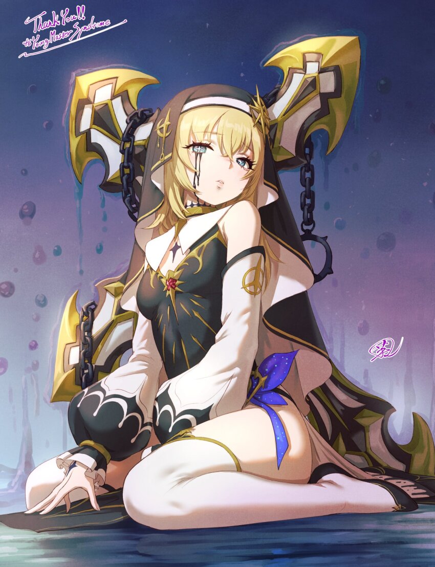 1girl black_dress black_footwear black_tears black_veil blonde_hair blue_eyes blush breasts celestine_(letmebid) chain chest_tattoo commission commissioner_name cross-shaped_pupils crying crying_with_eyes_open detached_sleeves dress fujii_eishun gold_trim habit hand_tattoo highres long_hair long_sleeves looking_at_viewer neck_tattoo nun original parted_lips puffy_long_sleeves puffy_sleeves signature sitting skeb_commission solo symbol-shaped_pupils tattoo tears thank_you thighhighs veil wariza weapon white_thighhighs