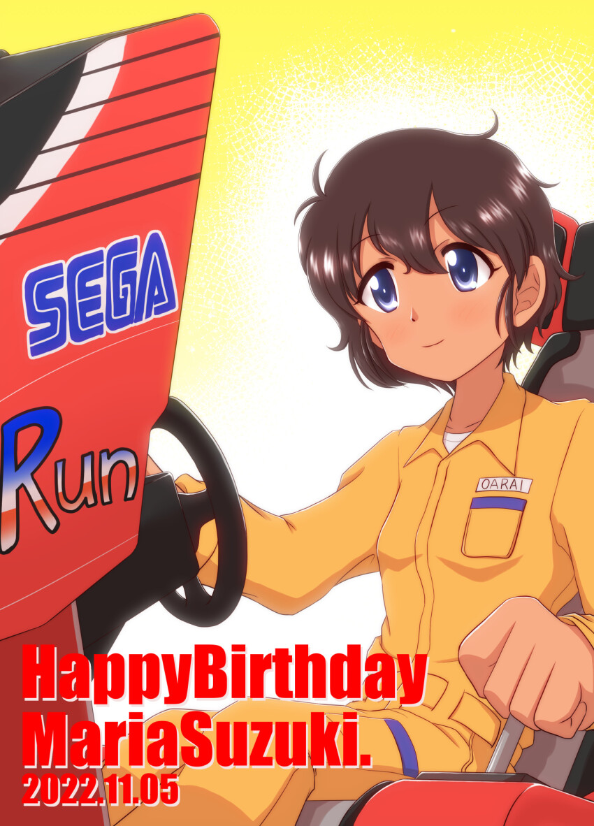 1girl arcade_cabinet breast_pocket brown_hair character_name closed_mouth clothes_writing collarbone collared_shirt commentary_request company_logo company_name cowboy_shot dated girls_und_panzer hair_between_eyes happy_birthday highres ishitsu_tadashi light_smile logo long_sleeves out_run pants playing_games pocket purple_eyes sega shirt short_hair solo steering_wheel suzuki_(girls_und_panzer) undershirt white_shirt wing_collar yellow_background yellow_pants yellow_shirt