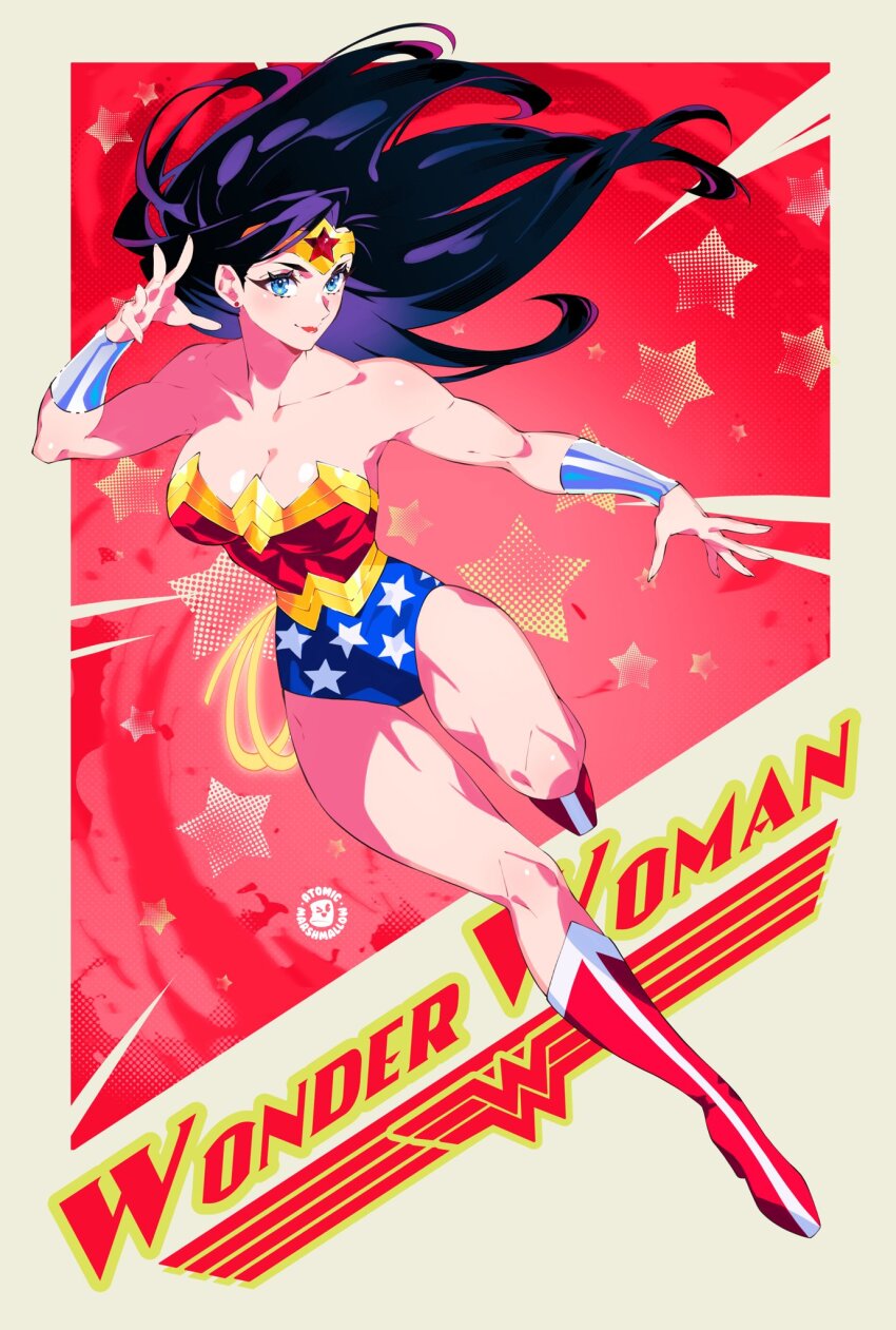 1girl atomicmrshmallw bare_shoulders black_hair blue_eyes bracer breasts character_name circlet dc_comics highres jewelry large_breasts leotard long_hair looking_at_viewer smile solo star_(symbol) superhero_costume tiara wonder_woman wonder_woman_(series)