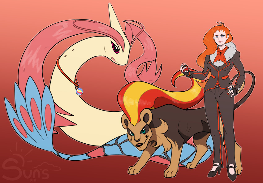 gen_3_pokemon gen_6_pokemon genderswap genderswap_(mtf) hand_on_own_hip highres holding holding_poke_ball looking_at_viewer lysandre_(pokemon) milotic nintendo poke_ball pokemon pokemon_xy pyroar pyroar_(female) standing suns_(artist)