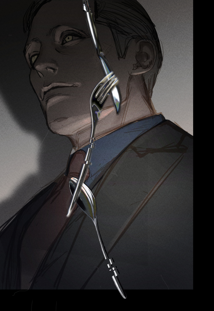 1boy absurdres black_jacket blue_shirt character_request closed_mouth copyright_name copyright_request fork hannibal_(tv_series) hayakuinnitte highres jacket knife male_focus necktie red_necktie shadow shirt short_hair smile solo spoon upper_body yellow_eyes