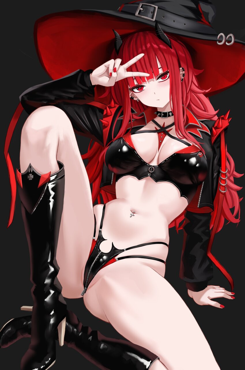 1girl absurdres arm_support arm_up azur_lane bikini black_bikini black_boots black_choker black_hat black_jacket boots breasts choker closed_mouth commentary cosplay criss-cross_halter cropped_jacket crotch_zipper ear_piercing english_commentary expressionless halterneck hat high_heel_boots high_heels highres horns jacket knee_boots knee_up long_hair long_sleeves looking_at_viewer medium_breasts multi-strapped_bikini_bottom nail_polish navel navel_piercing official_alternate_costume open_clothes open_jacket piercing red_eyes red_hair red_nails shiny_footwear sitting skindentation solo spiked_choker spikes stomach string_bikini swimsuit thighs ulrich_von_hutten_(azur_lane) ulrich_von_hutten_(azur_lane)_(cosplay) ulrich_von_hutten_(ignition_matrician)_(azur_lane) v val_(yan_kodiac) wing_collar witch_hat yan_kodiac zipper_pull_tab