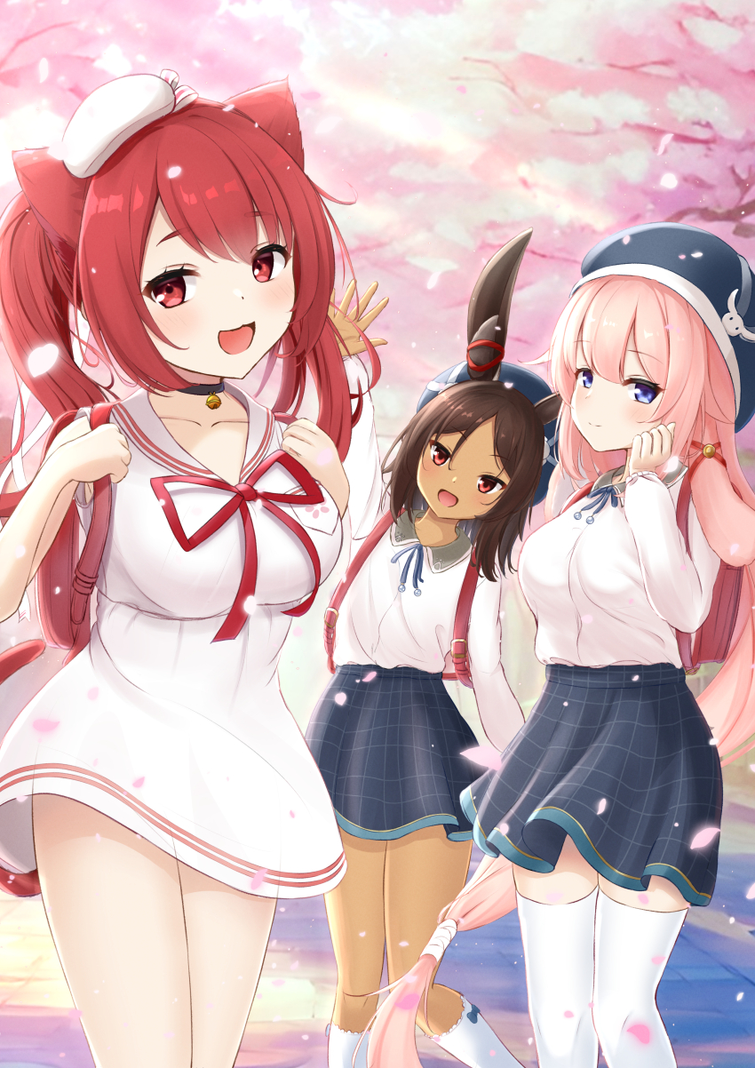 3girls absurdres animal_ears arm_up azur_lane backpack bag bell beret black_choker blue_eyes blue_hat blue_skirt brown_hair cat_ears cat_girl checkered_clothes checkered_skirt cherry_blossoms choker dress hat highres i-19_(azur_lane) i-19_(departure&#039;s_gentle_breeze)_(azur_lane) i-25_(azur_lane) i-25_(coral_reef_bunny)_(azur_lane) i-26_(azur_lane) i-26_(deep-sea_rabbit)_(azur_lane) jingle_bell kneehighs long_hair long_sleeves looking_at_viewer multiple_girls neck_bell official_alternate_costume open_mouth outdoors paashe parted_bangs pink_hair rabbit_ears rabbit_girl randoseru red_bag red_eyes red_hair school_bag school_uniform shirt skirt smile socks thighhighs very_long_hair waving white_dress white_hat white_shirt white_thighhighs