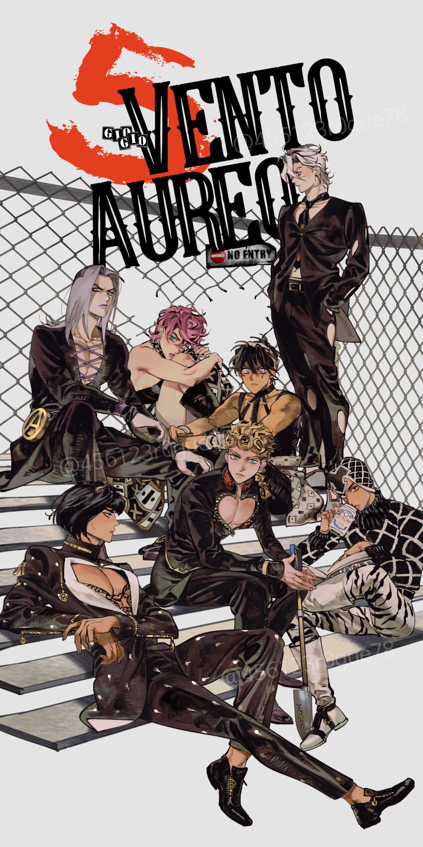 1girl 456123r0gue78 6+boys absurdres aqua_eyes black_hair black_suit blonde_hair blue_eyes bob_cut bruno_bucciarati chain-link_fence dress_shoes fence formal_clothes giorno_giovanna guido_mista highres holes jojo_no_kimyou_na_bouken leone_abbacchio long_hair looking_at_viewer multiple_boys narancia_ghirga pannacotta_fugo pink_hair purple_eyes suit trish_una