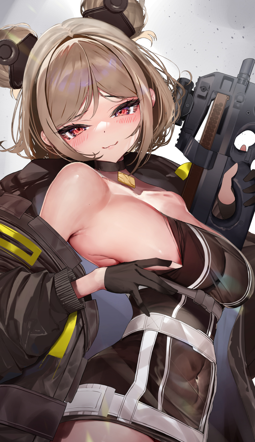1girl absurdres ammunition armor armor-piercing_ammunition armpit_crease black_dress black_gloves black_jacket blush breasts brown_hair bullet bullpup closed_mouth dou dress fn_5.7x28mm girls&#039;_frontline gloves gun handgun_cartridge highres holding holding_gun holding_weapon jacket japanese_armor large_breasts long_hair long_sleeves lumium open_clothes open_jacket p90 p90_(girls&#039;_frontline) partially_fingerless_gloves pdw_cartridge personal_defense_weapon pistol_cartridge red_eyes short_hair sideboob smile solo submachine_gun supersonic_ammunition weapon