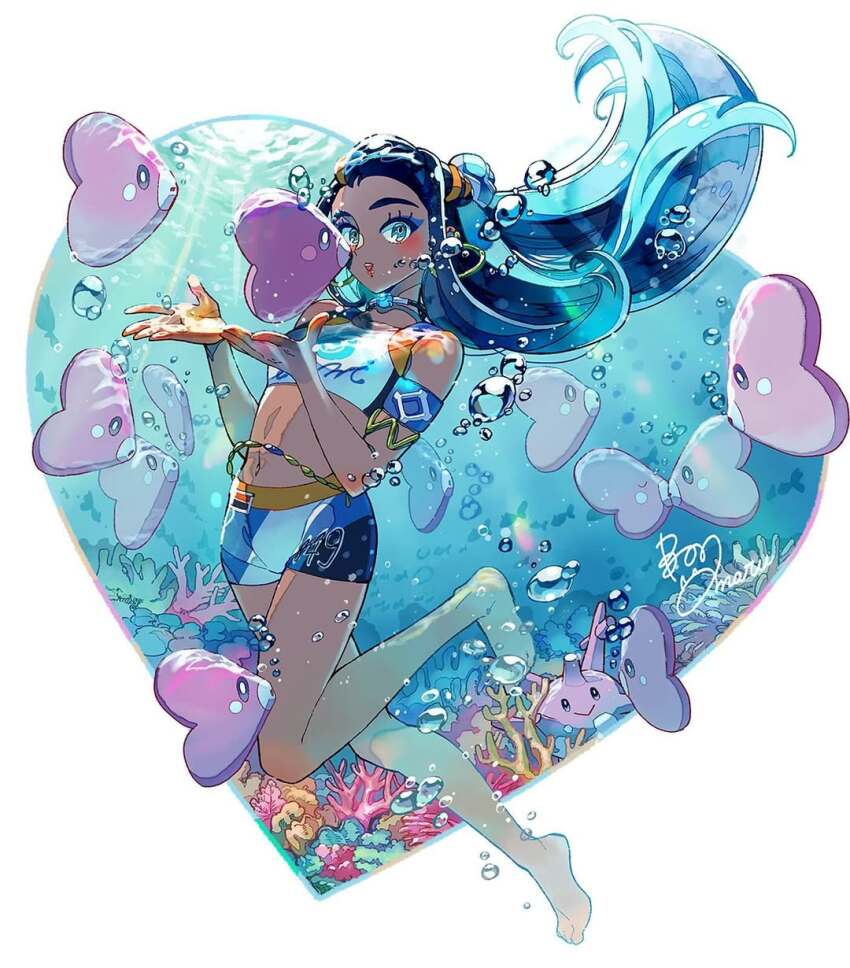 1girl air_bubble barefoot black_hair blue_shorts blush bonmaru bubble corsola eyelashes full_body gen_2_pokemon gen_3_pokemon highres jewelry long_hair looking_at_viewer luvdisc midriff navel necklace nessa_(pokemon) nintendo non-web_source pokemon pokemon_(creature) pokemon_swsh shorts signature underwater very_long_hair