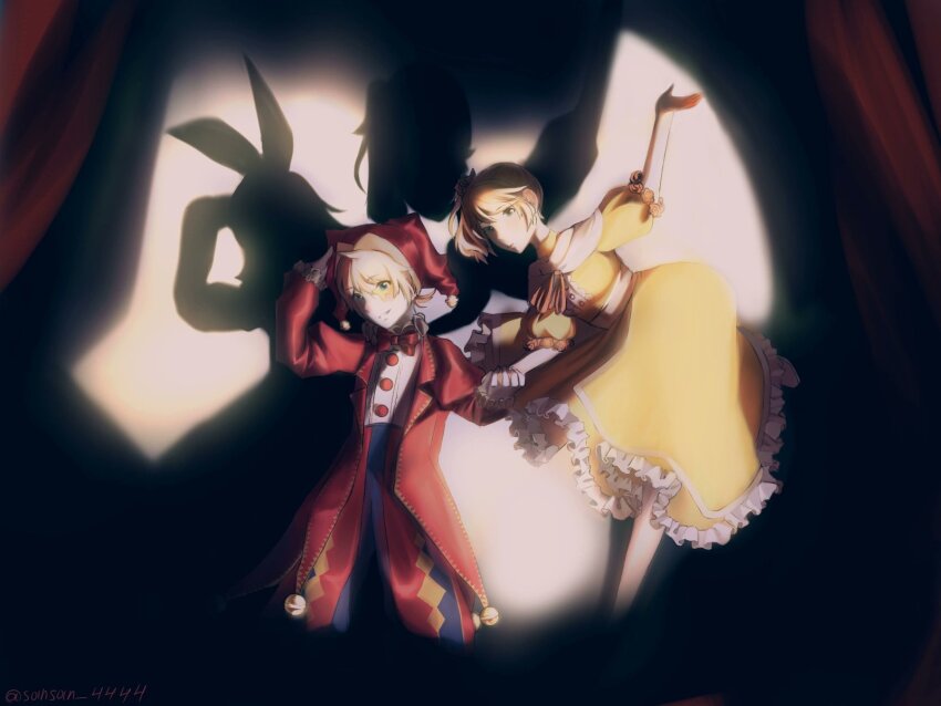 1boy 2girls argyle_clothes argyle_pants bare_legs bare_shoulders bell blonde_hair blue_eyes bow bowtie breasts choker collar collarbone collared_shirt commentary_request curtains different_shadow dress dress_ribbon evillious_nendaiki facepaint flat_chest flower flower-trimmed_dress flower-trimmed_sleeves flower_trim frilled_collar frilled_cuffs frilled_dress frills gloves gobanme_no_pierrot_(vocaloid) gretel_(evillious_nendaiki) grin hair_flower hair_ornament hand_on_headwear hand_on_own_head hat highres holding_hands jacket jester jester_cap jingle_bell kagamine_len kagamine_rin leg_up lemy_abelard long_sleeves multiple_girls off-shoulder_dress off_shoulder orange_ribbon pale_skin pants petticoat possessed red_bow red_bowtie red_headwear red_jacket ribbon rin_chan_(evillious_nendaiki) russian_commentary sansan_4444 shirt short_hair short_sleeves side_ponytail small_breasts smile spoilers stage stage_lights standing standing_on_one_leg vocaloid white_gloves yellow_choker yellow_dress