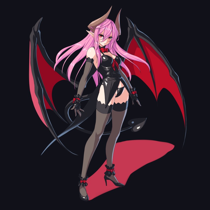 1girl absurdres ankle_garter bare_shoulders black_background black_gloves black_panties black_shoes black_theme black_thighhighs bochi_(yamakan) bow bowtie breasts cleavage coattails demon_girl demon_horns demon_tail demon_wings elbow_gloves female_focus fingerless_gloves full_body gloves hair_between_eyes high_heels highres horns long_hair looking_at_viewer medium_breasts original panties pink_hair pointy_ears pumps red_eyes serious shoes simple_background solo standing tail thighhighs underwear wings