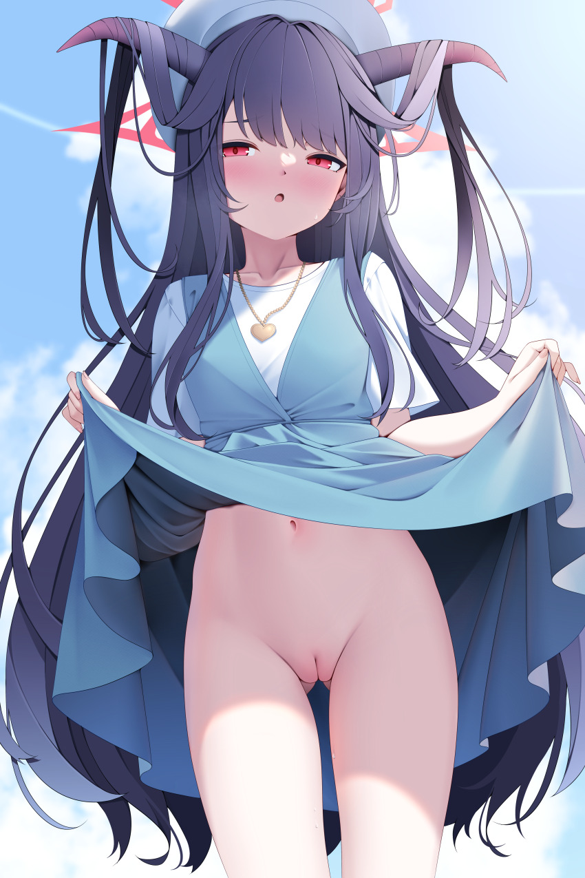 1girl absurdres black_hair blue_archive blue_dress blue_sky blush cleft_of_venus clothes_lift cloud cloudy_sky collarbone commentary day demon_girl demon_horns dress dress_lift fuuka_(blue_archive) fuuka_(casual)_(blue_archive) gluteal_fold hair_on_horn halo heart heart_necklace highres horns jewelry lifting_own_clothes long_hair looking_at_viewer navel necklace no_panties official_alternate_costume official_alternate_hairstyle open_mouth pussy red_eyes red_halo shirt short_sleeves skirt_hold sky solo thighs uncensored white_shirt z.taiga