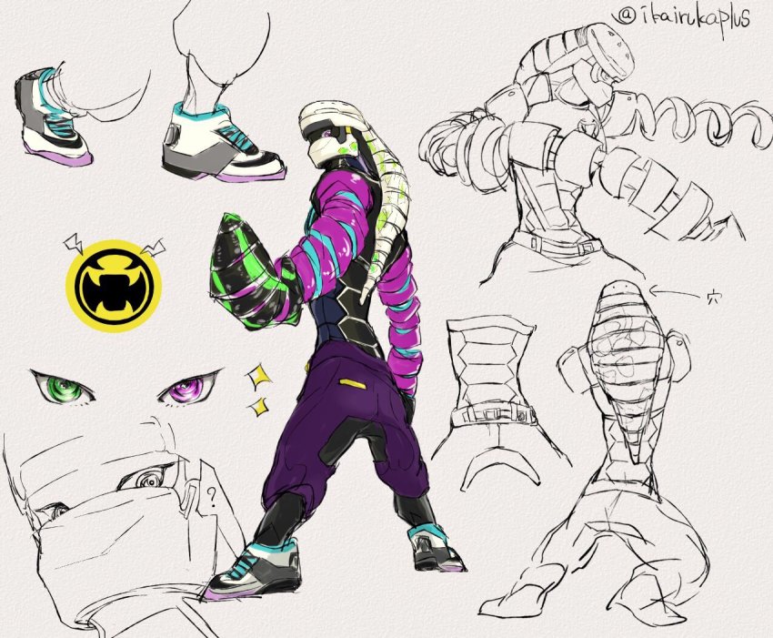 1boy ? arms_(game) bad_id bad_twitter_id baggy_pants reference_sheet green_eyes grey_background helmet heterochromia iruka+ kid_cobra kid_cobra_(arms) logo long_arms looking_at_viewer male_focus multiple_views nintendo pants purple_eyes shoes simple_background slamamander_(arms) sneakers sparkle twitter_username