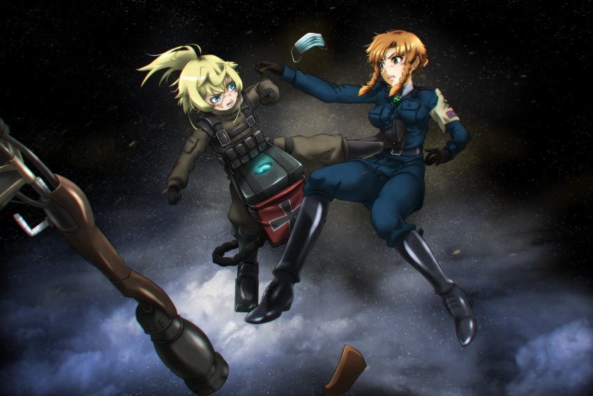 2girls ahoge battle black_footwear black_gloves blonde_hair blue_eyes boots braid cross flamethrower flying_sweatdrops genya_(genya67) gloves highres iron_cross kicking mary_sue_(youjo_senki) mask military military_uniform mouth_mask multiple_girls ponytail soldier tanya_degurechaff twin_braids unworn_mask weapon yellow_eyes youjo_senki