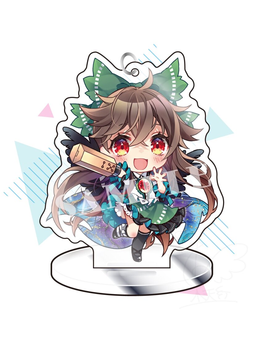1girl ahoge ankle_socks arm_cannon asymmetrical_legwear bird_wings black_shoes black_thighhighs black_wings blue_cape bow brown_hair cape chibi circle_skirt collared_shirt commentary_request eyelashes feathered_wings figure_stand footwear_bow frilled_shirt frilled_shirt_collar frilled_skirt frills green_bow green_skirt hair_bow highres leg_up light_blush long_hair looking_at_viewer miniskirt mismatched_legwear open_mouth red_eyes reiuji_utsuho sample_watermark shirt shoes simple_background single_sock single_thighhigh skirt smile socks solo space_print starry_sky_print thighhighs third_eye_on_chest touhou toutenkou triangle very_long_hair watermark weapon white_background white_bow white_shirt white_socks wings
