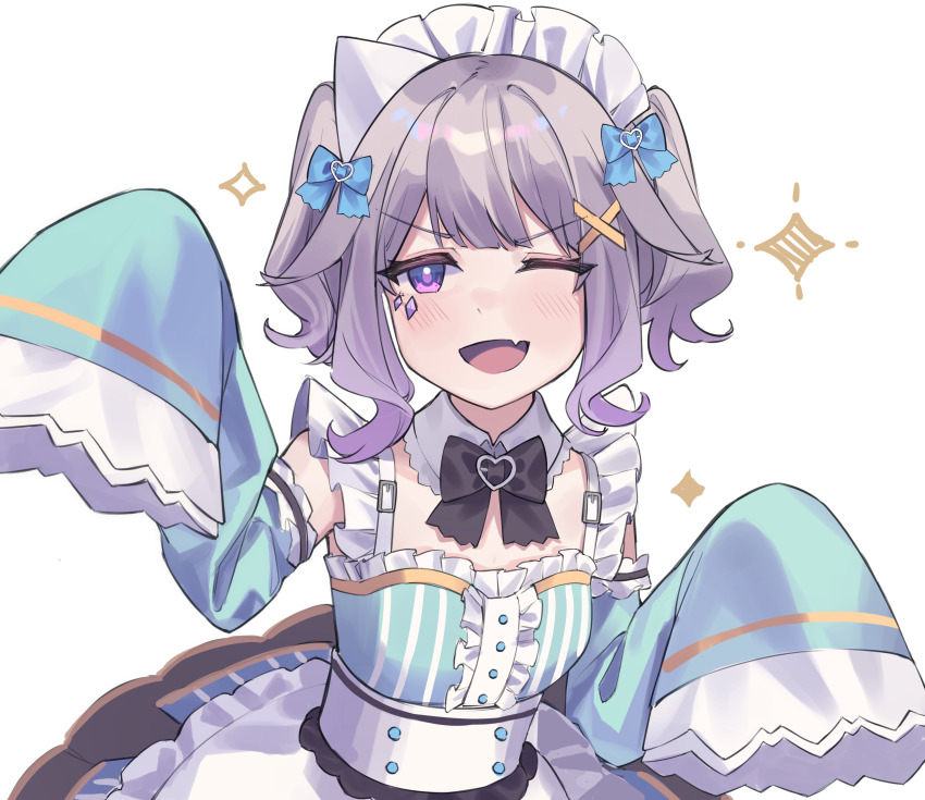 1girl ;d absurdres alternate_costume alternate_hairstyle apron aqua_sleeves black_bow black_bowtie blue_bow bow bowtie breasts buttons cosplay curly_sidelocks detached_collar detached_sleeves double-breasted enmaided face_jewel fang frilled_apron frills ghost_pose grey_hair hair_bow hair_flaps hair_ornament hands_up heart heart_o-ring highres hololive hololive_english indie_virtual_youtuber koseki_bijou light_blush long_sleeves looking_at_viewer maid maid_apron maid_headdress material_growth mint_fantome mint_fantome_(cosplay) mint_fantome_(minto_2.0) o-ring one_eye_closed open_mouth purple_hair ricke_2002 short_twintails sidelocks simple_background skin_fang sleeves_past_fingers sleeves_past_wrists small_breasts smile smug solo sparkle striped_clothes triangular_headpiece twintails underbust upper_body v-shaped_eyebrows vertical-striped_clothes virtual_youtuber waist_apron white_apron white_background wing_collar x_hair_ornament