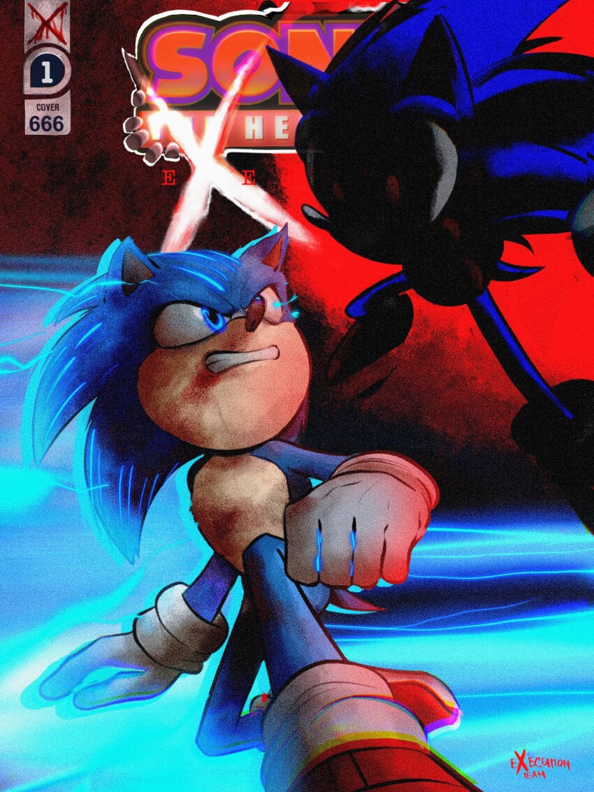 2boys angry blood blue_eyes blue_fur comic_cover electricity exe_(revie) faker_(revie) fighting gloves highres im_lazy_sheck_lol lightning multiple_boys red_eyes shadow sonic.exe sonic:_execution_(comic) sonic_(live_action) sonic_(series) sonic_the_hedgehog sonic_the_hedgehog_(movie) teeth white_gloves