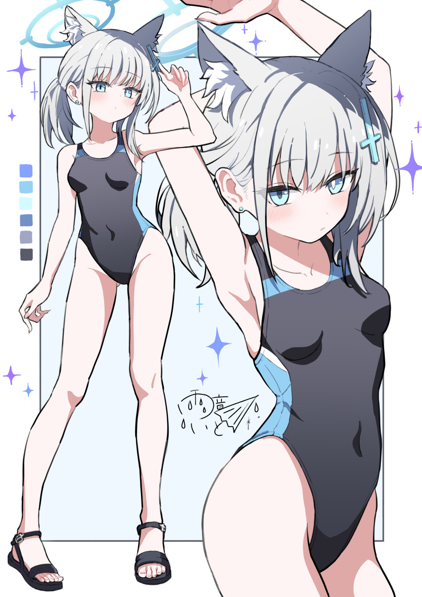 1girl absurdres amane_ito animal_ear_fluff animal_ears arms_up black_one-piece_swimsuit blue_archive blue_eyes breasts color_guide commentary_request competition_swimsuit covered_navel cowboy_shot cross_hair_ornament extra_ears full_body grey_hair hair_ornament halo highres low_ponytail medium_breasts medium_hair mismatched_pupils multicolored_swimsuit multiple_views official_alternate_costume one-piece_swimsuit ponytail sandals shiroko_(blue_archive) shiroko_(swimsuit)_(blue_archive) swimsuit wolf_ears