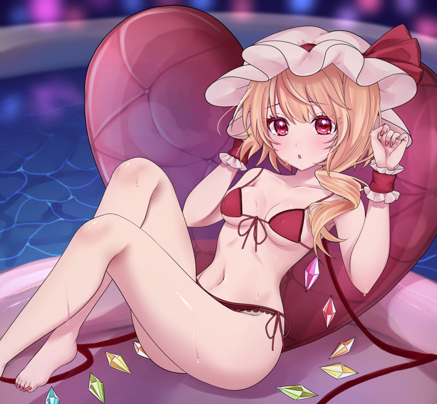 1girl absurdres barefoot bikini blonde_hair breasts chalc0 crystal crystal_wings flandre_scarlet frilled_cuffs front-tie_bikini_top front-tie_top hat heart heart-shaped_pillow highres medium_breasts mob_cap one_side_up pillow pool reclining red_bikini red_eyes side-tie_bikini_bottom sitting solo swimsuit touhou w_arms white_hat wings
