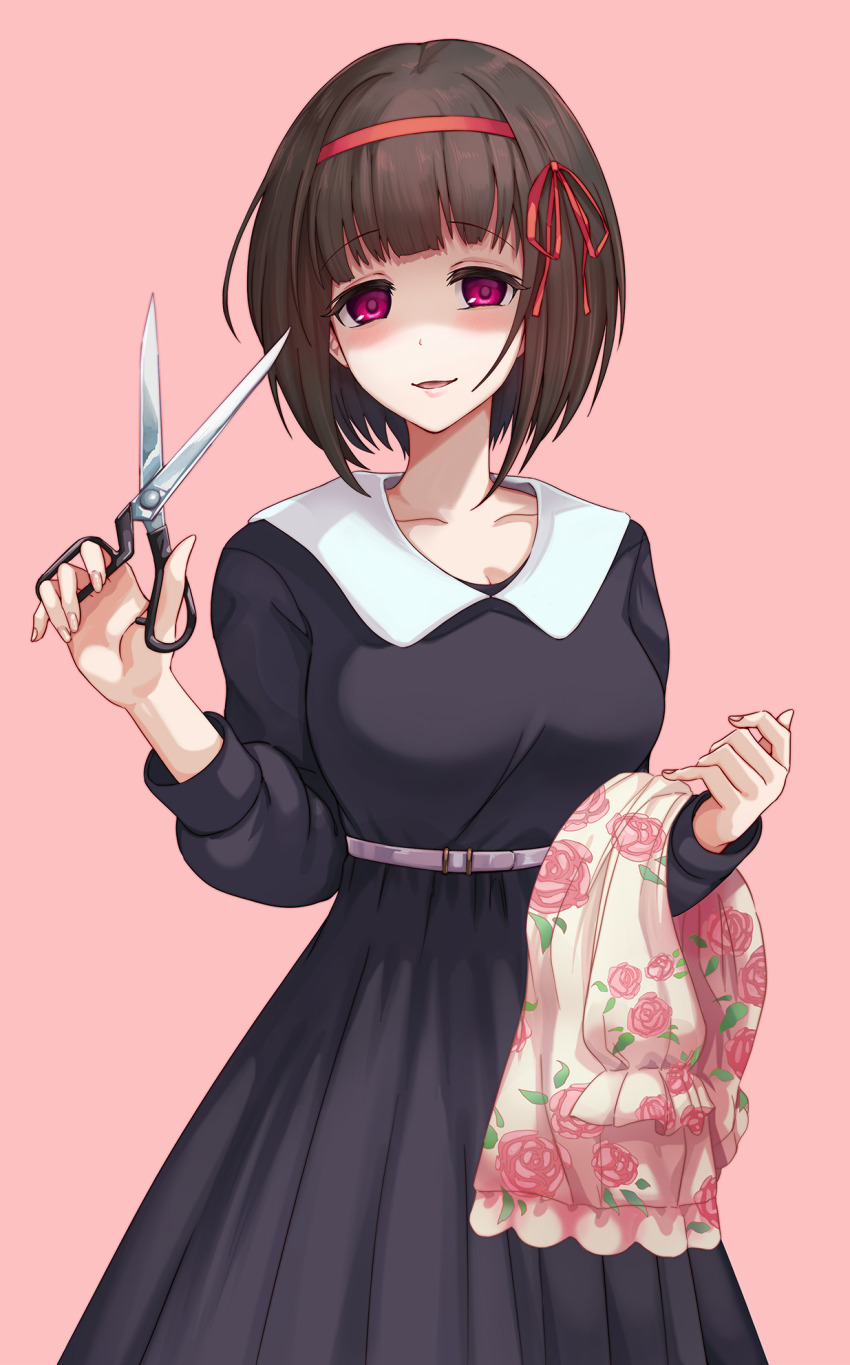 1girl black_dress black_hair bob_cut bow collarbone dress eriko_(princess_connect!) eriko_(real)_(princess_connect!) hair_bow hairband highres holding holding_scissors inverted_bob long_dress looking_at_viewer mononoke_(pixiv53597254) pink_background princess_connect! purple_eyes red_bow red_hairband scissors shaded_face short_hair smile solo