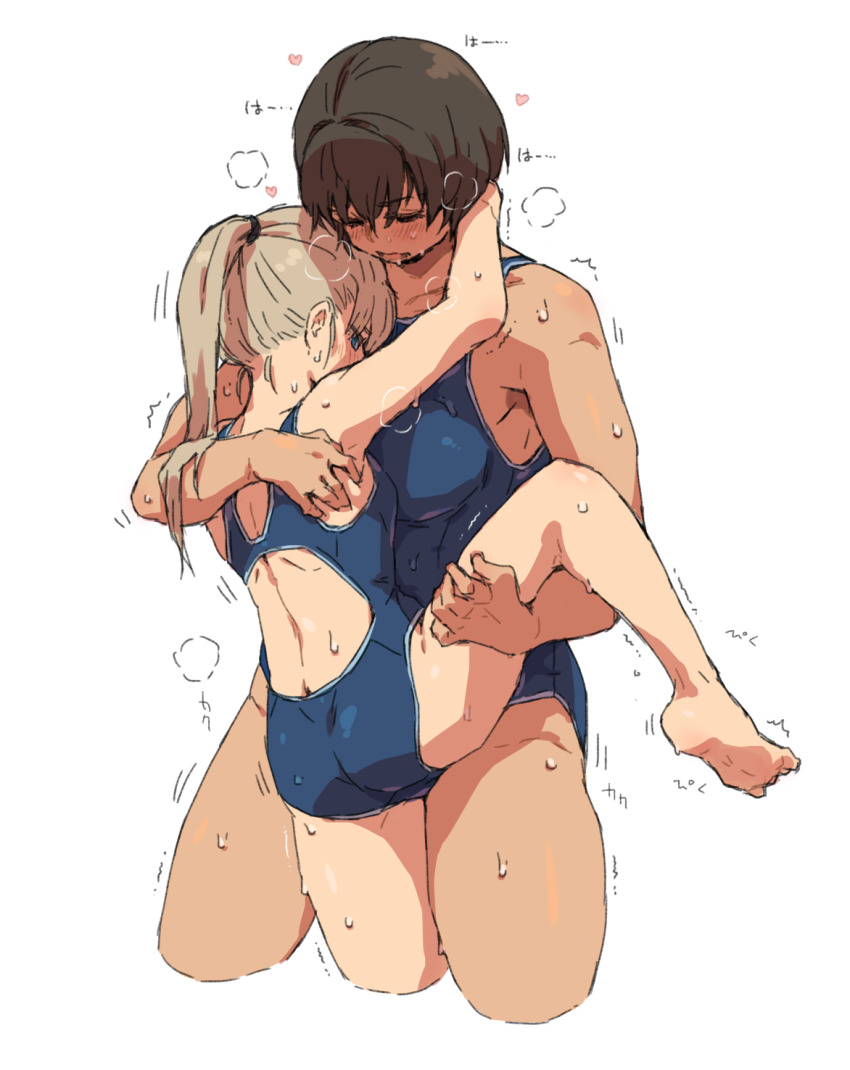 2girls ass back barefoot blonde_hair blue_eyes blush brown_hair closed_eyes dark-skinned_female dark_skin height_difference highres kei_(m_k) long_hair m_k multiple_girls one-piece_swimsuit original ponytail rika_(m_k) short_hair simple_background soles standing sweat swimsuit tall_female tomboy white_background yuri