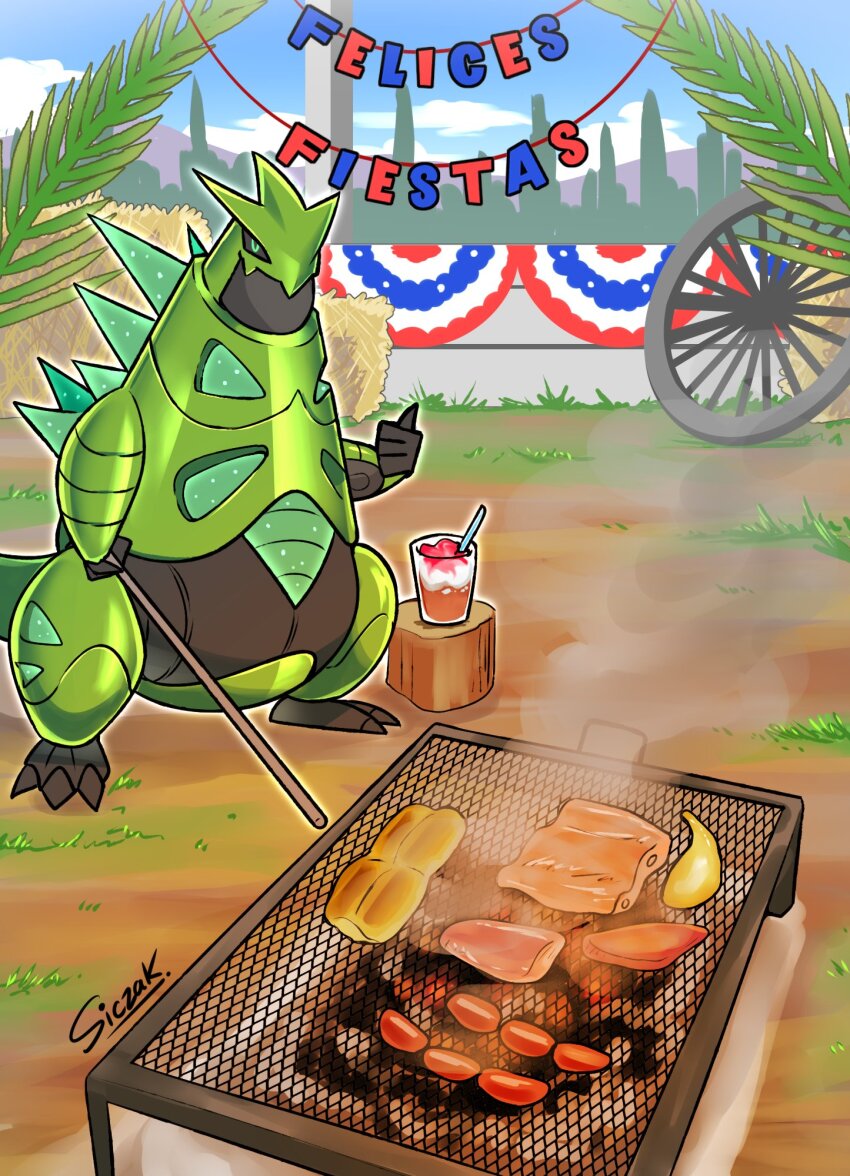 android black_sclera chilean_flag claws closed_mouth colored_sclera cooking cup day drinking_glass enano_bostero_asador_(meme) food full_body green_eyes highres horns iron_thorns looking_at_viewer meme meme_attire nintendo no_humans outdoors outstretched_arms pokemon pokemon_(creature) robot siczak signature solo spanish_text tail thumbs_up translated what