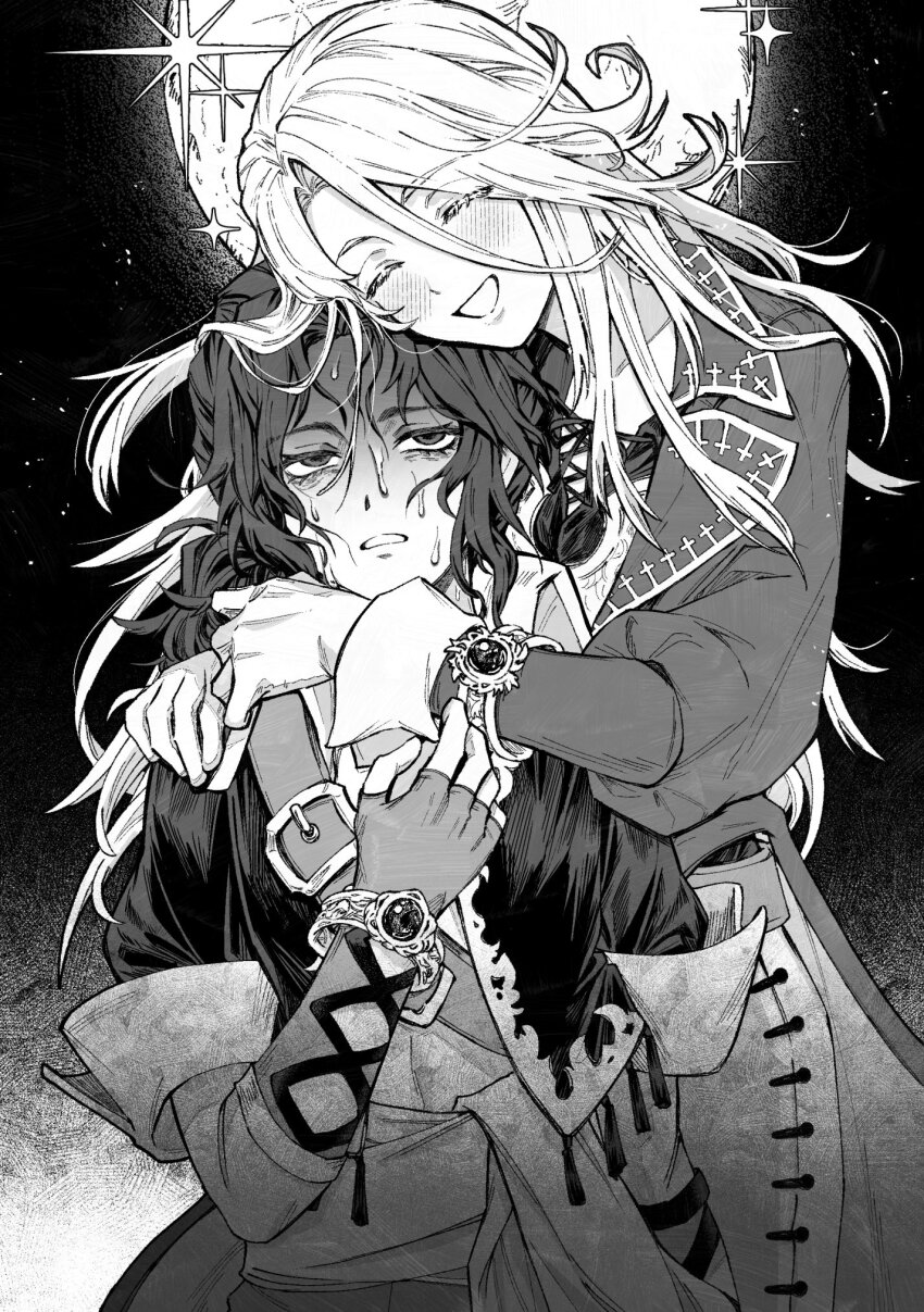 2boys bags_under_eyes bracelet castlevania:_harmony_of_dissonance castlevania_(series) closed_eyes commentary_request cropped_jacket elbow_gloves fingerless_gloves full_moon gloves greyscale highres hug jewelry juste_belmont keiseki1 long_coat long_hair male_focus maxim_kischine monochrome moon multiple_boys open_mouth smile sparkle sweat